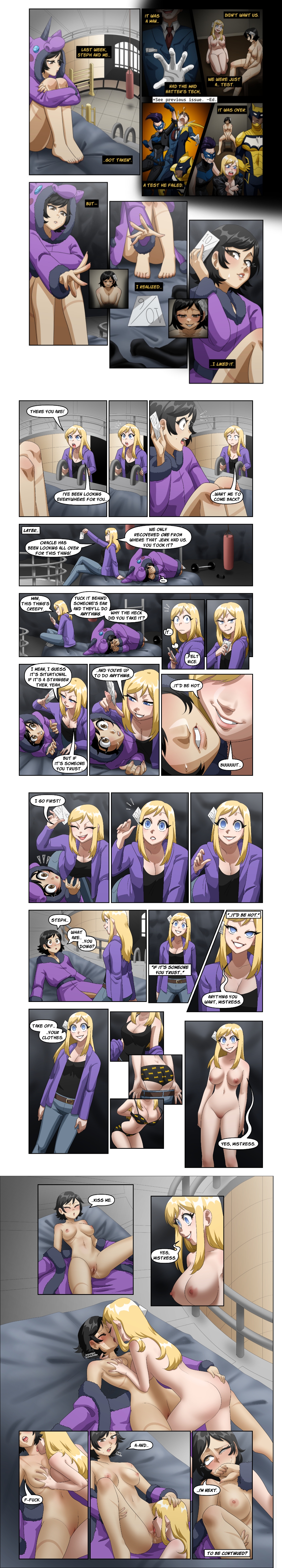 4headboiii, absurdres, ass, batgirl, batgirl (cassandra cain), batgirl (stephanie brown), batman (series), black hair, blonde hair, blue eyes, bluebird (dc), blush, cassandra cain, cleavage, comic, consensual, cunnilingus, dc comics, duke thomas, empty eyes, female only, femdom, femsub, full comic, happy trance, harper row, hoodie, hypnosis, jeans, kissing, large breasts, long hair, mad hatter, nipples, nude, nude female, robe, scars, self hypnosis, sex, short hair, signal (dc), stephanie brown, tech control, text, undressing, yuri