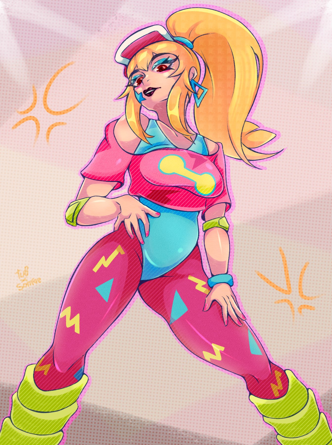 80's theme, 80s clothing, asian, asian female, big earrings, blonde hair, brawl stars, colorful clothing, earrings, leotard, makeup, melodie (brawl stars), painted nails, posing, pump it melodie (brawl stars), sensual, supercell, tubstrokes, visors