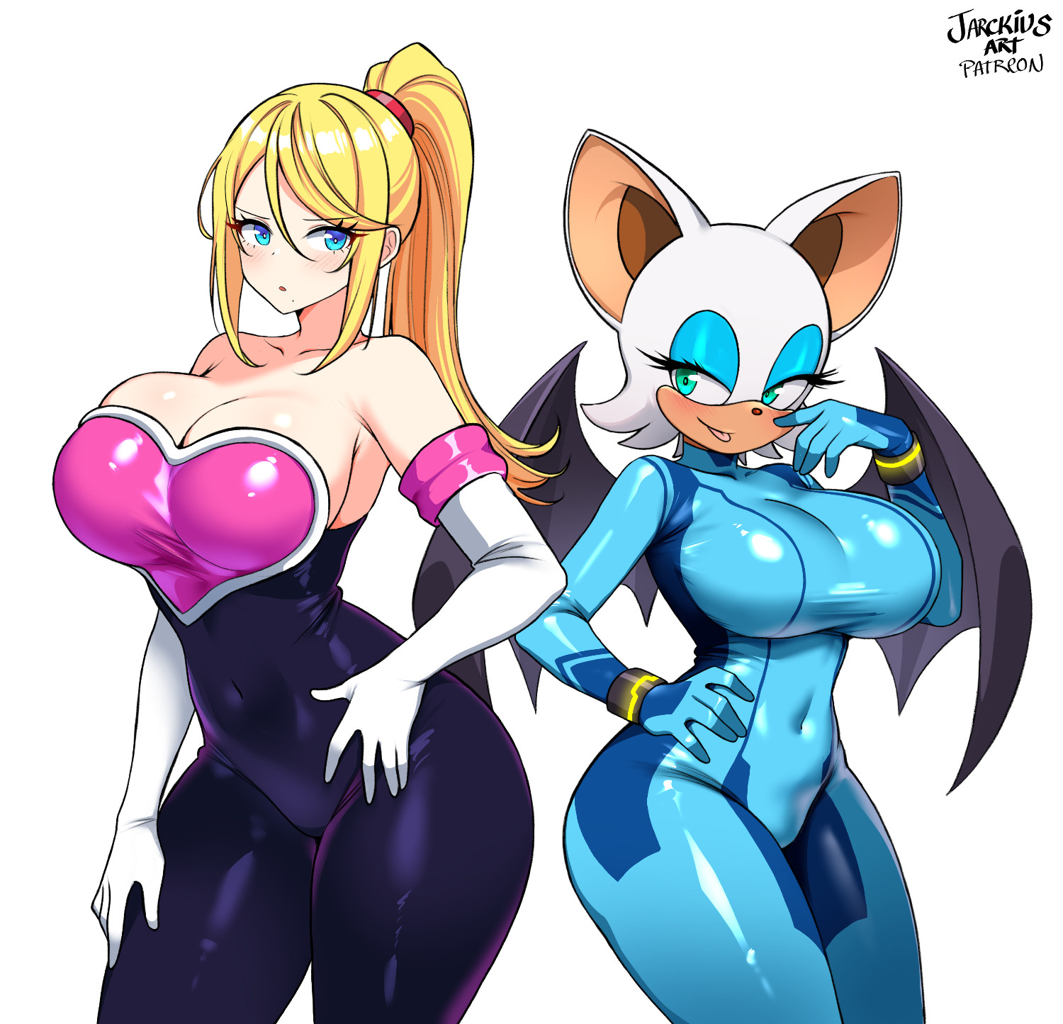 2 bodysuits, 2girls, animal ears, anthro, bat, bat ears, bat wings, big breasts, bimbo, blonde hair, blue bodysuit, blue eyes, blue eyeshadow, bodysuit, breasts, clothing, cosplay, crossover, crossover cosplay, detached sleeves, eyeshadow, female, female only, green eyes, hair, half-closed eyes, hand on hip, hips, jarckius, jpeg, latex, metroid, nintendo, outfit swap, ponytail, rouge the bat, rouge the bat (cosplay), rubber, rubber clothing, rubber suit, samus aran, samus aran (cosplay), sega, signature, sonic (series), sonic the hedgehog (series), tied hair, tight clothing, tongue, tongue out, white background, wide hips, wings, zero suit