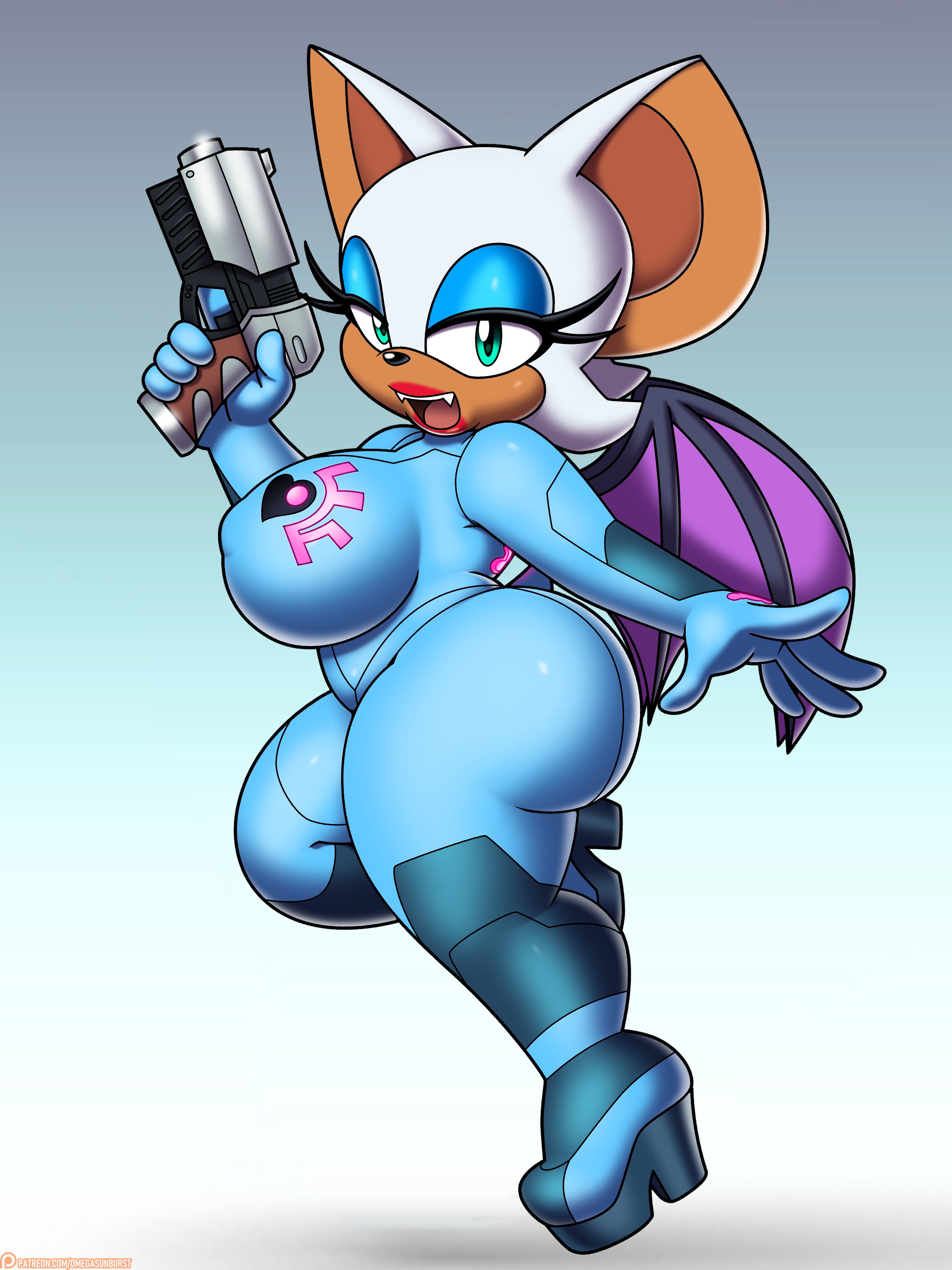 1girls, 2025, animal ears, anthro, anthro female, bat, bat ears, bat girl, bat wings, big ass, big breasts, blue bodysuit, blue eyeshadow, cosplay, eyelashes, female, female only, furry, furry female, furry only, gun, heels, holding object, lips, lipstick, looking at viewer, makeup, nipple bulge, omegasunburst, rouge the bat, samus aran (cosplay), shortstack, side view, solo, solo female, sonic (series), sonic the hedgehog (series), thick thighs, white fur, wide hips, zero suit samus (cosplay)