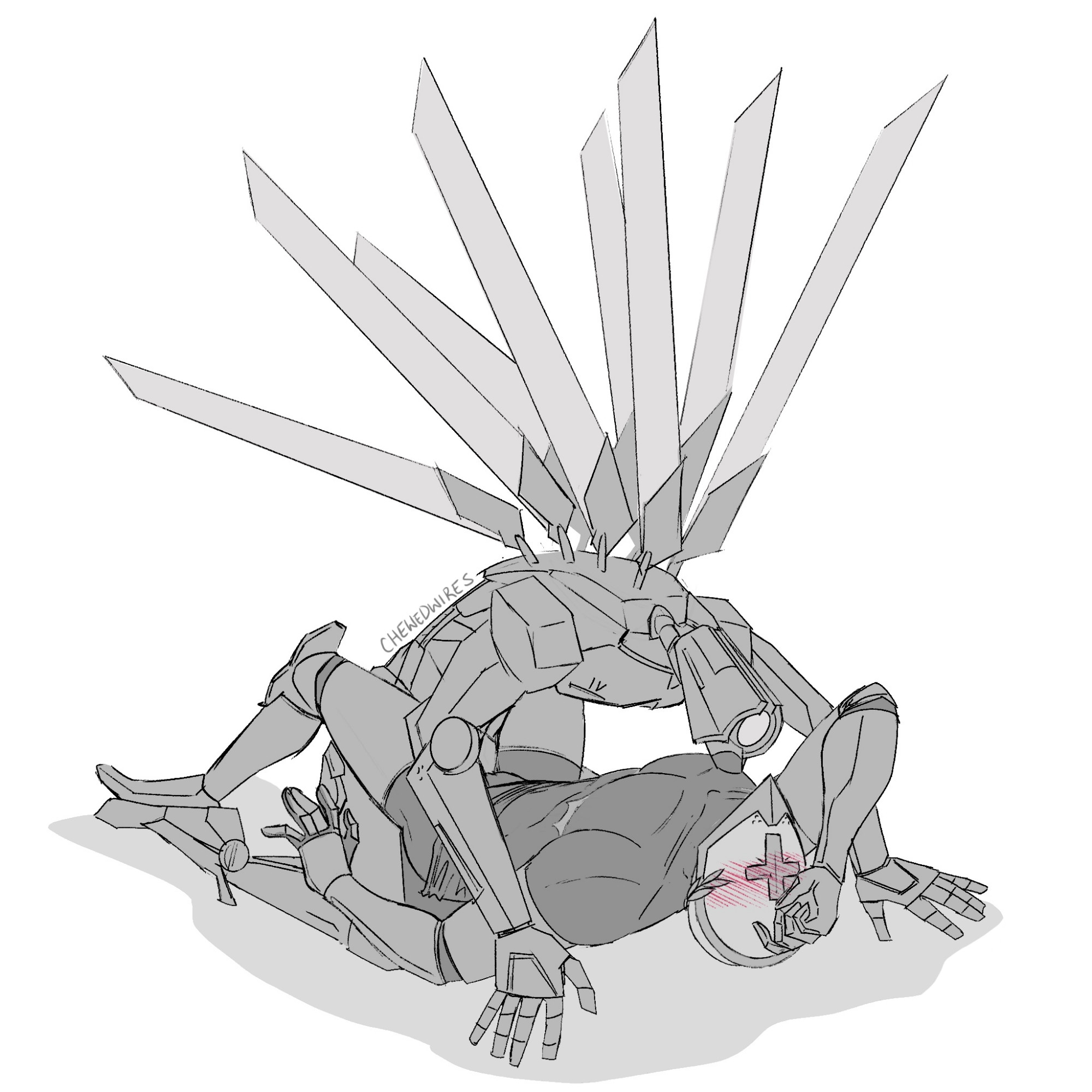 angel, blush lines, blushing, chewedwires, cuntboy, gabriel (ultrakill), helmet, robot, tagme, top surgery scars, transmasc, ultrakill, v1 (ultrakill)