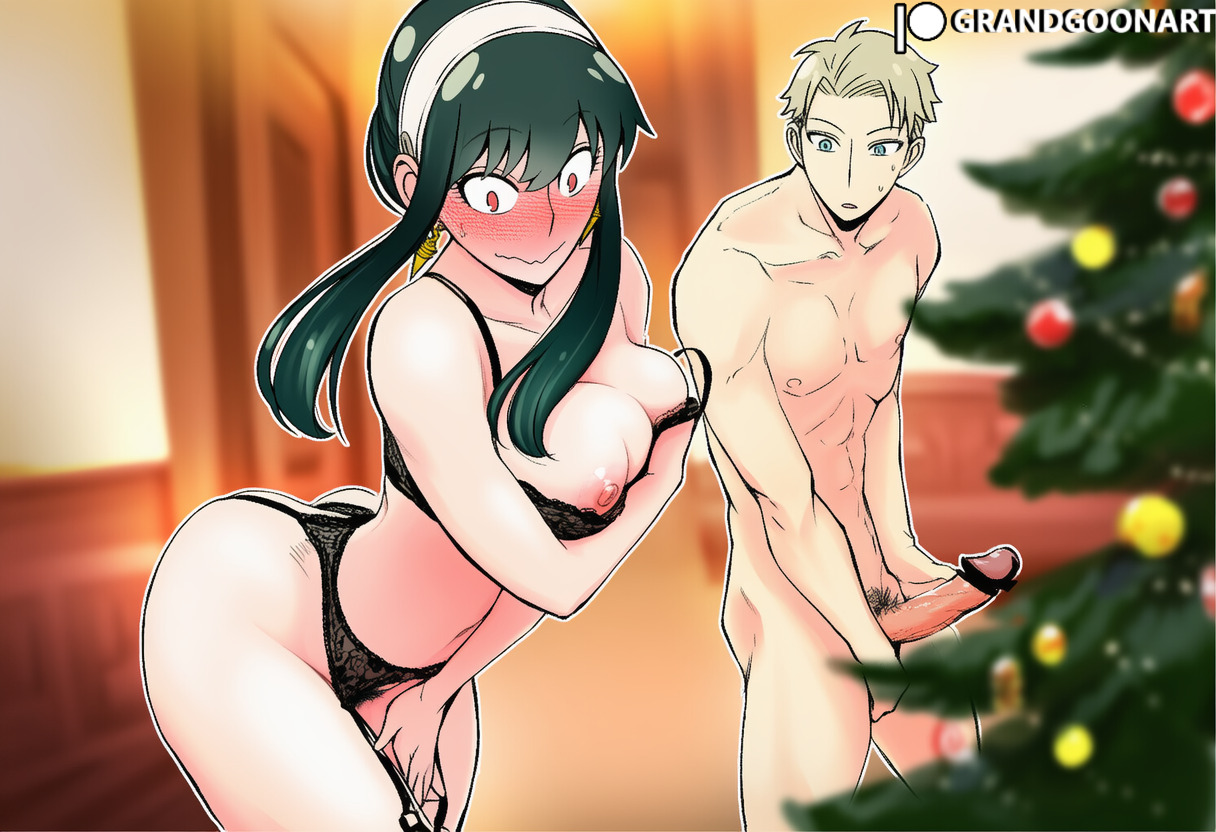 1boy, 1girls, accurate art style, ai generated, big ass, christmas, covering, embarrassed, embarrassed nude female, female, female focus, grandgoonart, lingerie, loid forger, manga, manga cover, manga page, manga style, nude, patreon, patreon username, pubic hair, shonen jump, spy x family, yor briar, yor forger