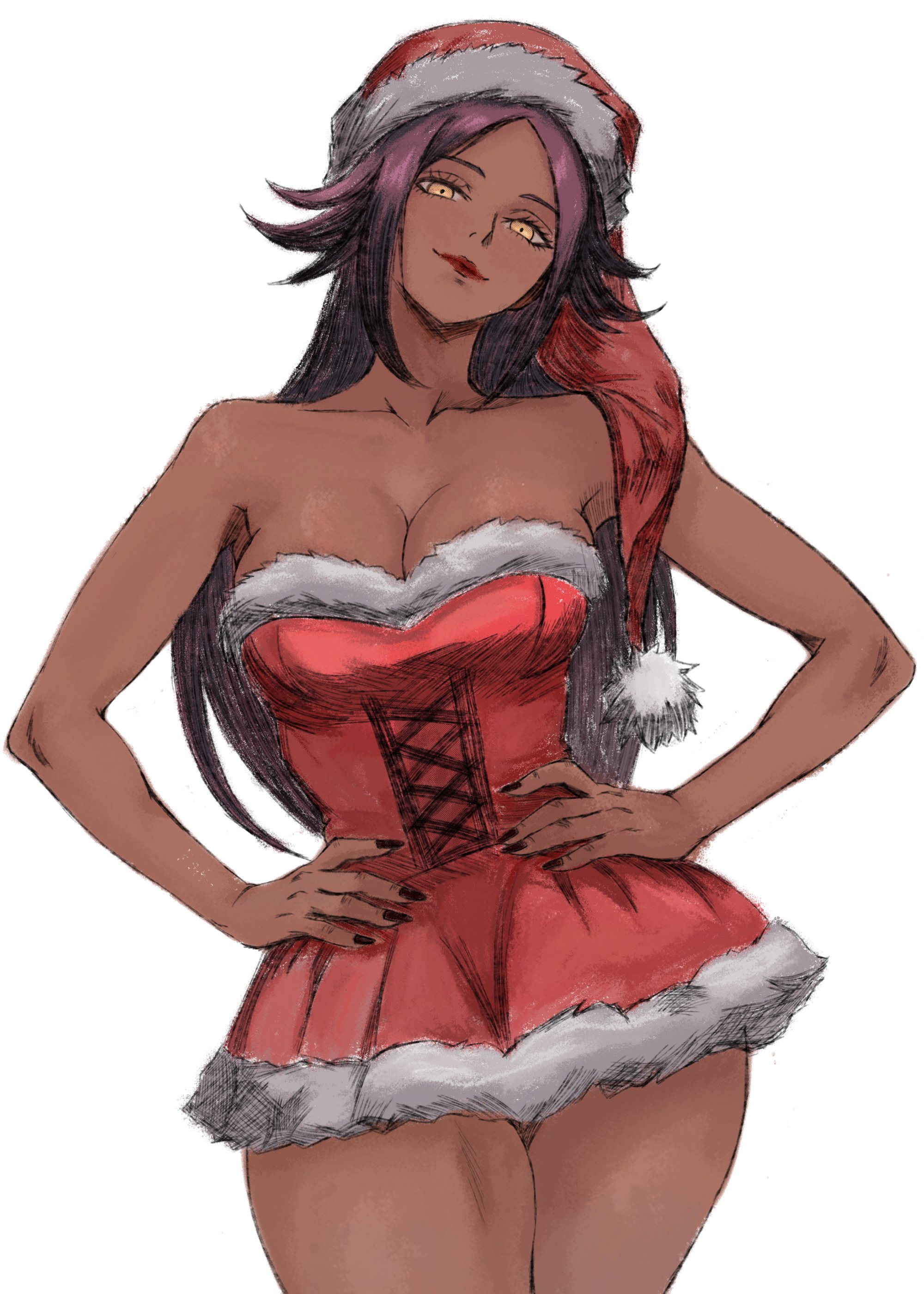 1girls, 2025, amber eyes, black nails, bleach, breasts, christmas, cleavage, clothed, clothed female, corset, dark skin, dress, edd enikki, eyelashes, female, female only, hand on hip, hands on hips, lipstick, looking at viewer, medium hair, minidress, nail polish, orange eyes, painted fingernails, painted nails, posing, purple hair, red lipstick, santa dress, santa hat, shihouin yoruichi, short dress, standing, strapless dress, white background