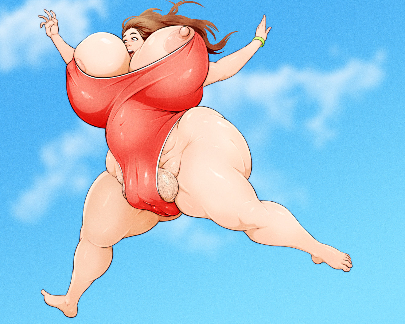alison (ashvenit), ashvenit, bouncing breasts, breasts touching face, brown hair, cleavage, fat, fat female, gigantic breasts, huge ass, hyper pussy, large areolae, leaning forward, long hair, midriff, one-piece swimsuit, open mouth, original, outdoors, pubic hair, puffy nipples, red one-piece swimsuit, standing, thick thighs, unaligned breasts, wardrobe malfunction