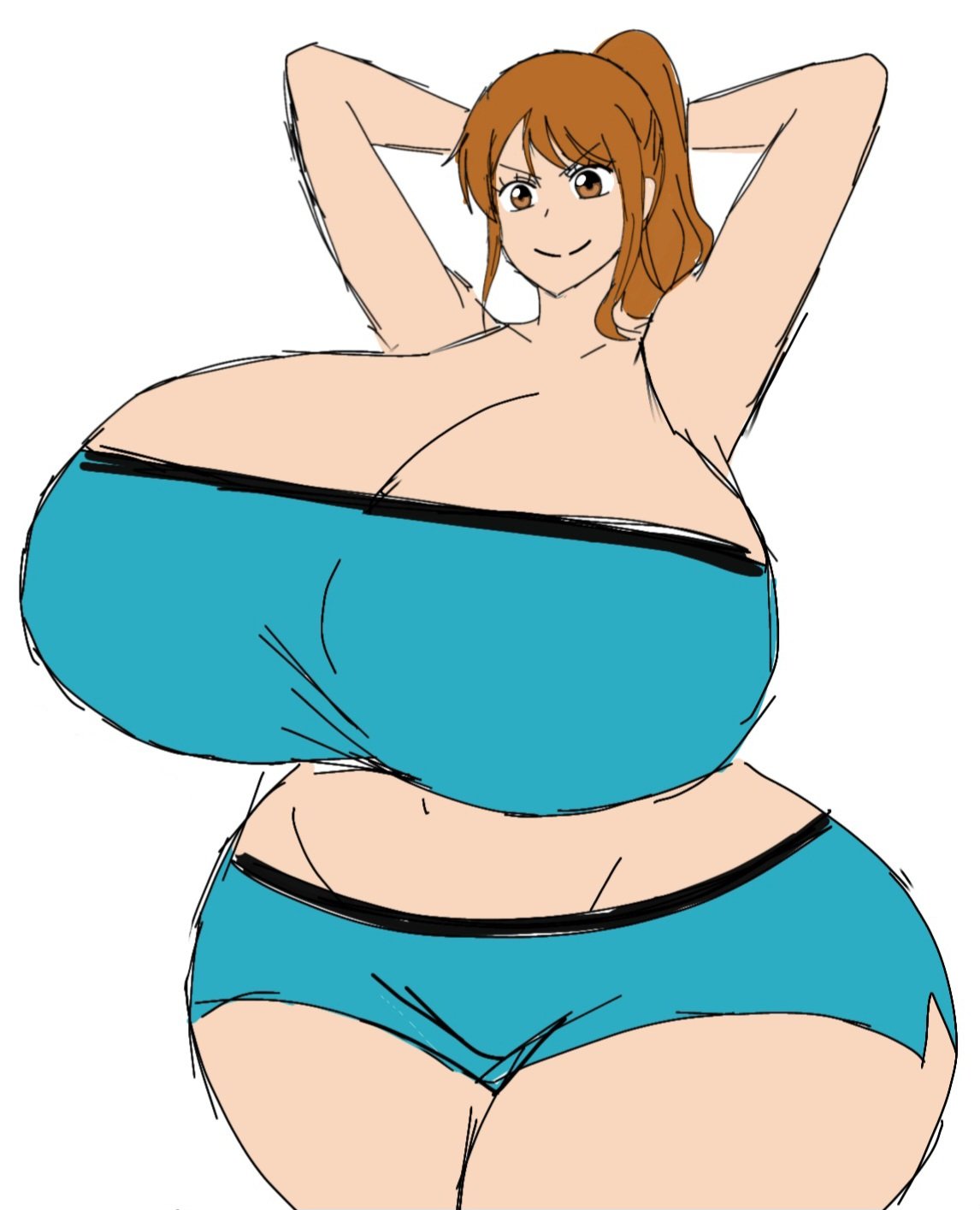 1girls, 2d, 2d (artwork), alternate body type, alternate breast size, arms up, big breasts, breasts, breasts bigger than head, busty, busty female, busty girl, curvy, curvy body, curvy female, curvy figure, digital drawing (artwork), digital media (artwork), female, female focus, female only, hands behind head, hips, hips wider than shoulders, huge breasts, large breasts, mature, mature woman, momiji (artist), nami (one piece), one piece, orange hair, orange hair female, pirate, pirate girl, simple background, solo, solo female, solo focus, thick thighs, thighs, thighs bigger than head, white background, wide hips