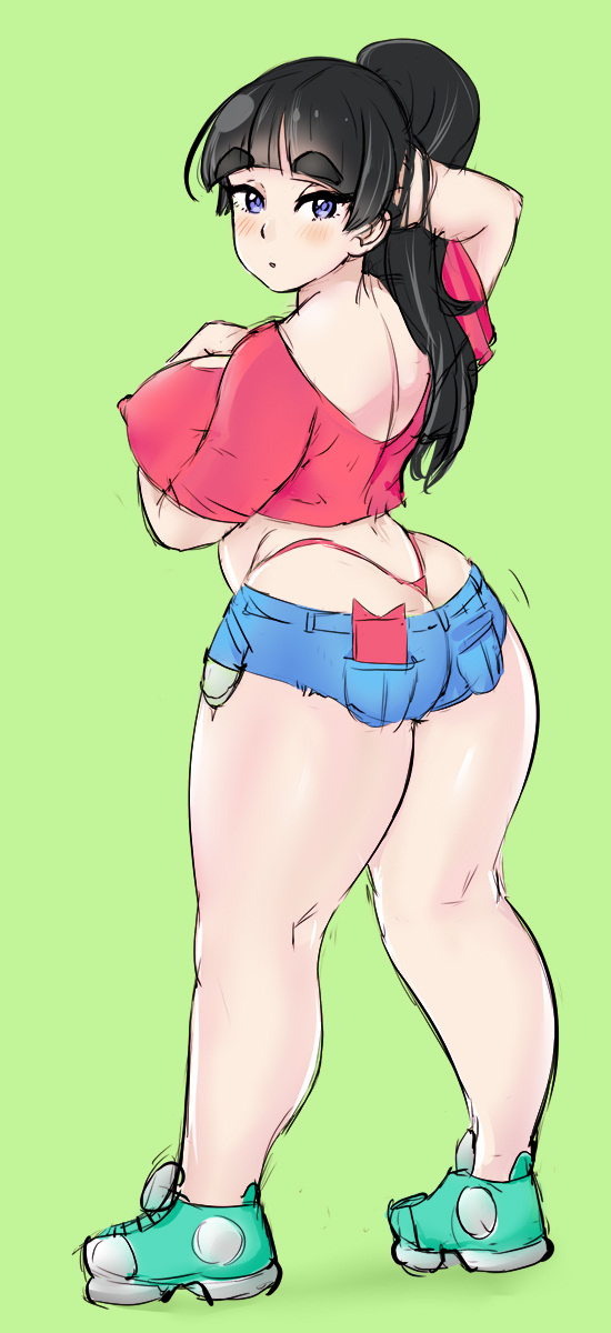 ass_cleavage big_ass black_hair butt_crack cellphone crop_top curvy daisy_dukes ebino_mei hotpants huge_breasts keigi_(artist) long_hair looking_at_viewer looking_over_shoulder ponytail red_thong red_topwear short_shorts sneakers thick_eyebrows thick_thighs thong