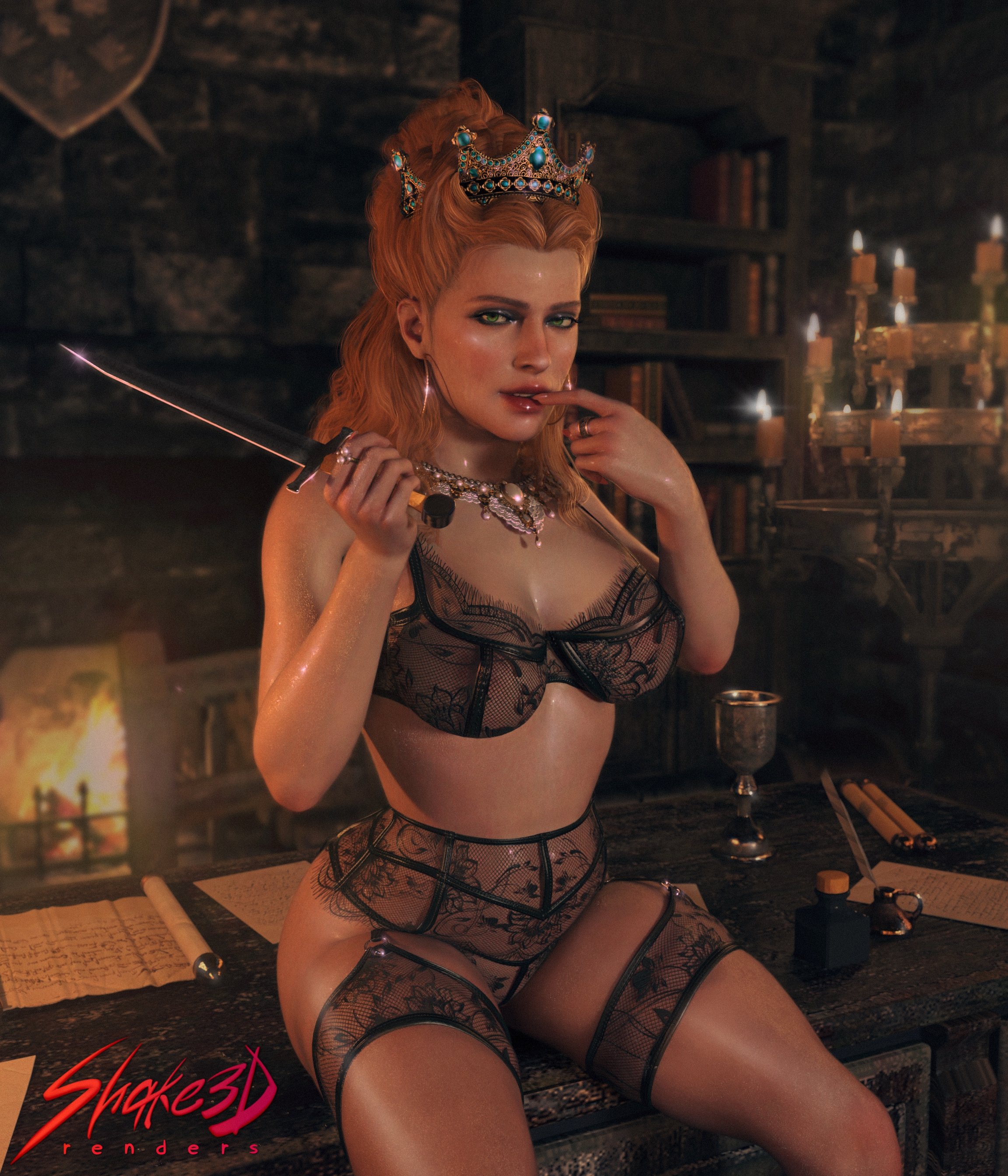 3d, anna henrietta, blonde hair, bra, breasts, cd projekt red, crown, earrings, female, garter belt, garter straps, knife, light skin, light-skinned female, lingerie, looking at viewer, mascara, necklace, seductive look, shake3d, solo, solo female, the witcher (series), the witcher 3: wild hunt, transparent clothing