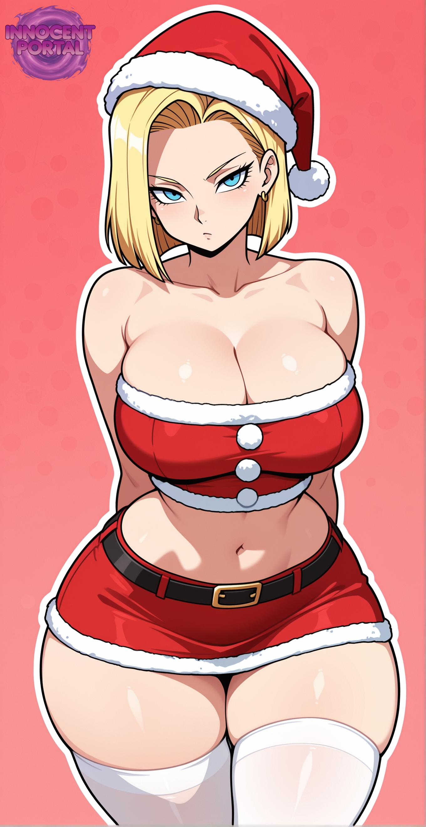 ai generated, android 18, barely clothed, barely contained breasts, barely fits, belt, big breasts, blonde female, blonde hair, blonde hair female, blonde-haired female, blue eyes, breasts, busty, busty female, child bearing hips, cleavage, cute, dragon ball, dragon ball (classic), dragon ball (series), dragon ball gt, dragon ball super, dragon ball z, earrings, female, female focus, female only, hips, huge breasts, jorgecarlosai, makeup, mature, mature female, mature woman, milf, mommy, mommy kink, navel, red skirt, red top, santa costume, santa hat, sexy, short hair, shoulders, skirt, standing, thighhighs, thighs, tight clothes, tight clothing, tight fit, watermark, white thighhighs, wide hips