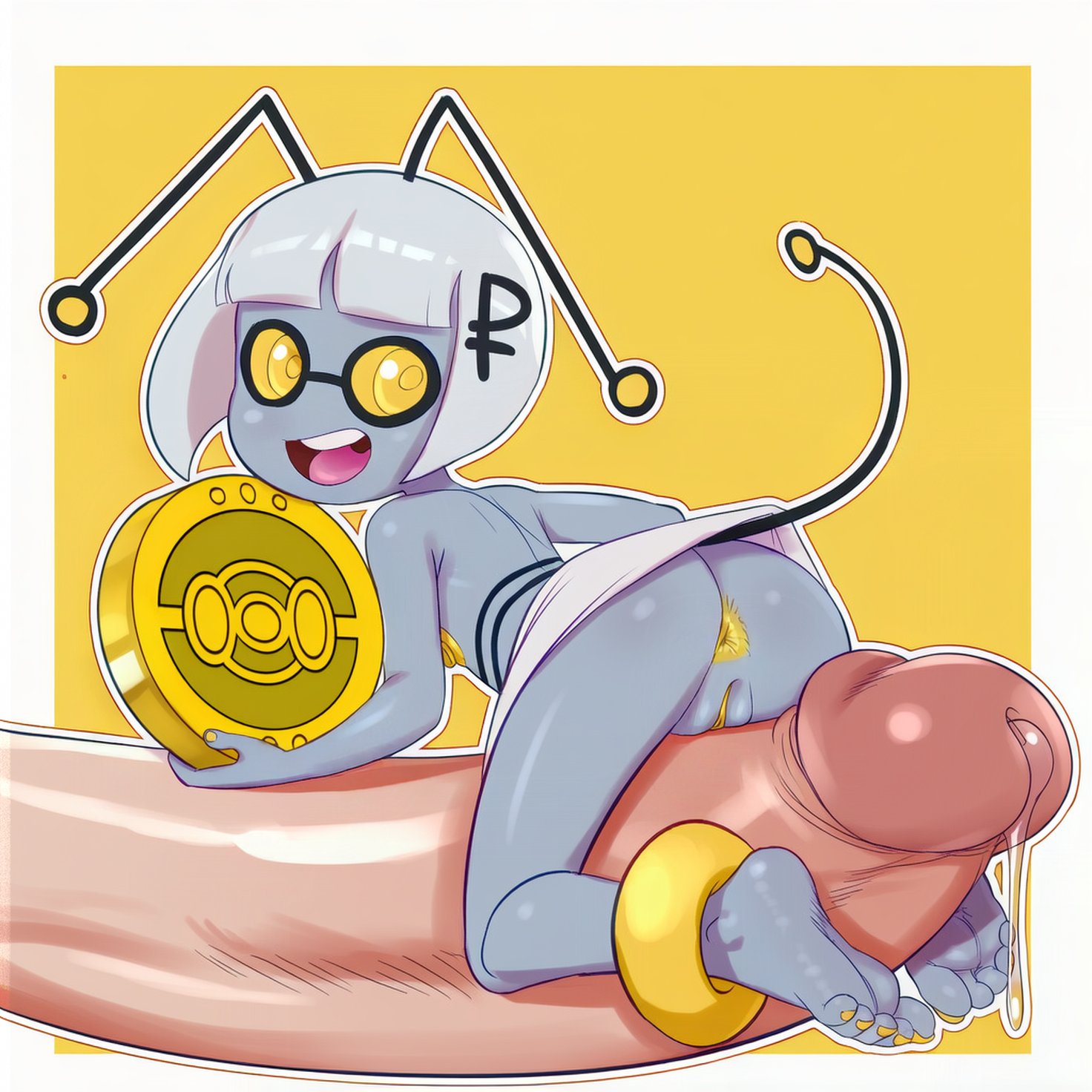 1boy, 1boy1girl, 1girls, ai assisted, ai generated, anklet, antennae (anatomy), anus, coin, extreme size difference, feet, female, giant, gimmighoul, gimmighoul (roaming form), kokenaart, large penis, larger male, macro, male, male/female, micro, micro female, micro on macro, micro on penis, minigirl, minigirl on penis, painted toenails, pokemon, pokemon (species), precum, pussy, short hair, size difference, smaller female