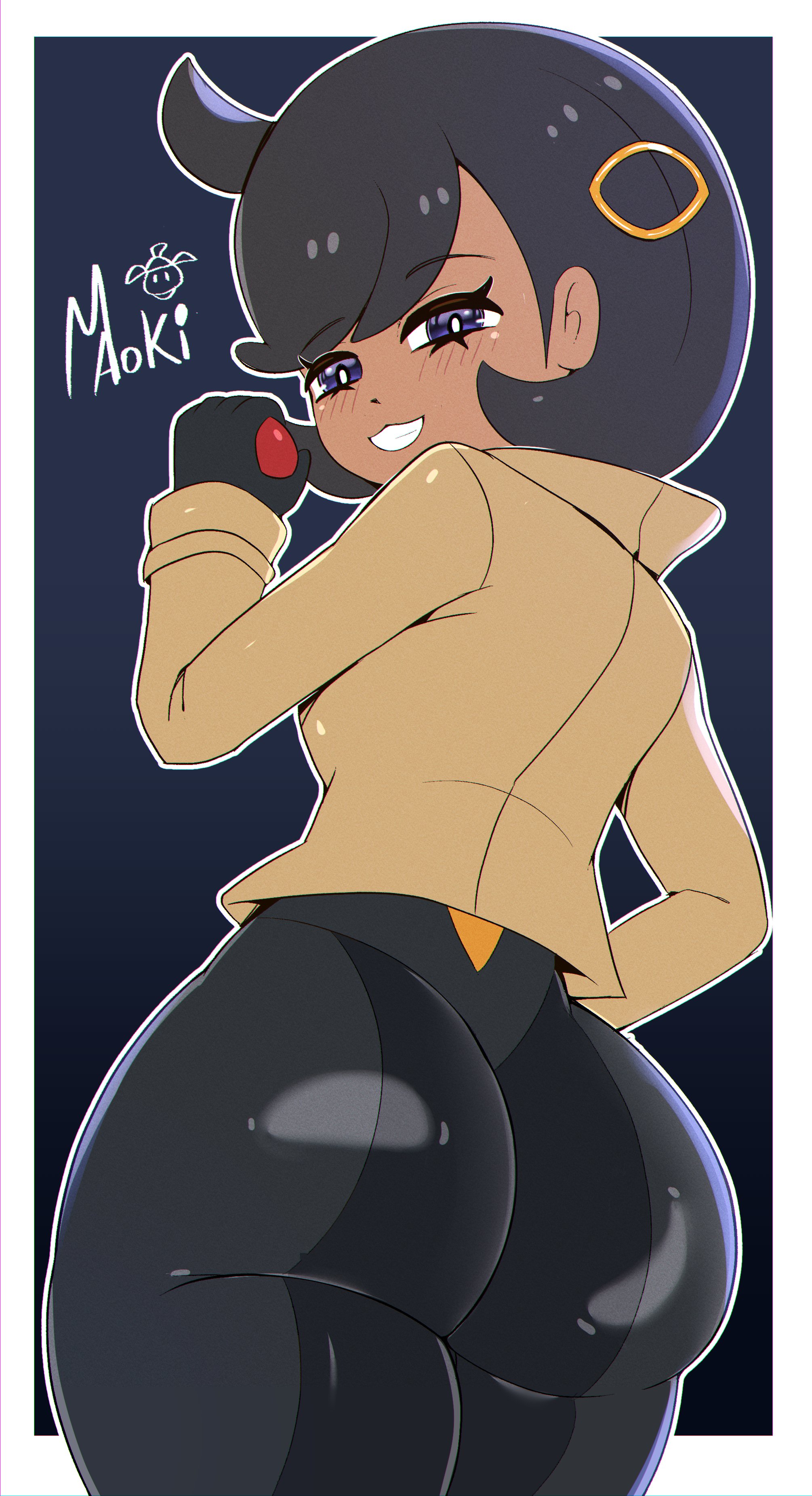 1girls, ass, ass focus, big ass, black bodysuit, black hair, bodysuit, breasts, brown jacket, clothing, dat ass, emma (pokemon), female, female only, game freak, hair, holding object, holding poke ball, huge ass, jacket, looking back, maoki arts, matiere (pokemon legends: z-a), matiere (pokemon), nintendo, pokeball, pokemon, pokemon legends: z-a, purple eyes, short hair, smile, solo, solo female, thick thighs, thighs, tight clothing