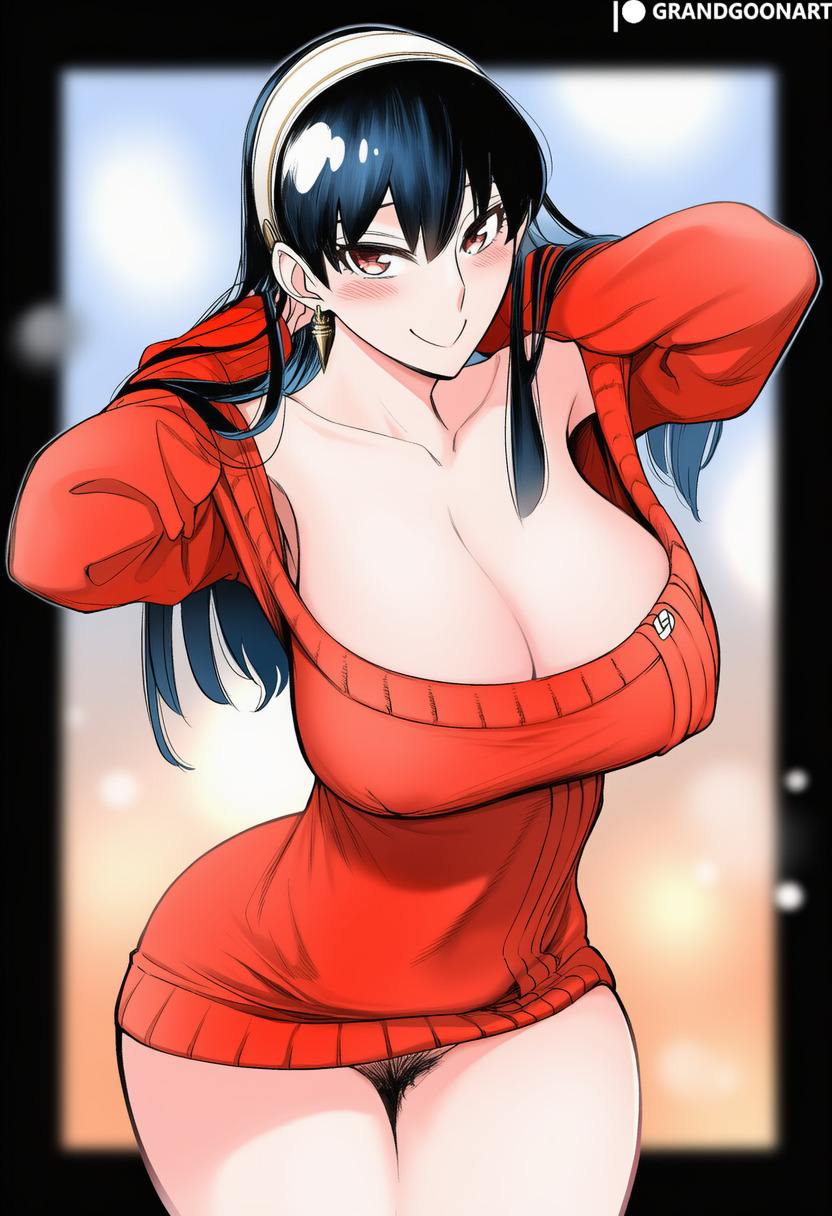 accurate art style, ai generated, big ass, christmas, female, female focus, grandgoonart, manga, manga cover, manga page, manga style, patreon, patreon username, pubic hair, shonen jump, spy x family, sweater, yor briar, yor forger
