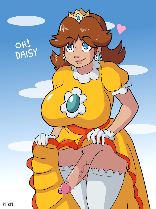 1futa big_breasts blue_eyes breasts brooch brown_hair crown dickgirl dress dress_lift earrings eyebrows_visible_through_hair flower_earrings futa_only futanari gloves half_nude huge_breasts intersex large_breasts mario_(series) nintendo penis pitkin princess_daisy shoulder_length_hair stockings super_mario_land tan_skin tease text thick thick_thighs thighhighs thighs wide_hips yellow_dress