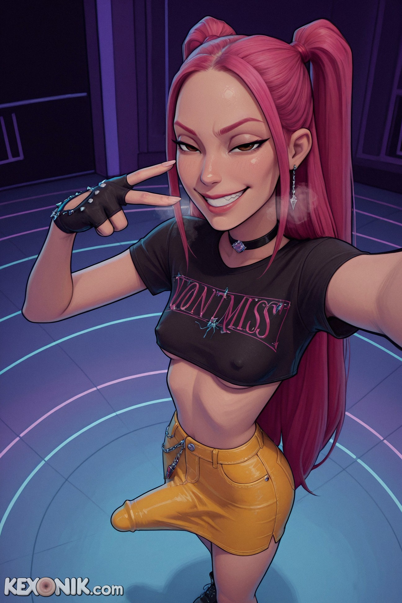 1futa, ai generated, artist logo, artist name, brown eyes, bulge, bulge through clothing, chains, clothed, covered breasts, covered nipples, crop, crop top, denim clothing, denim skirt, dickgirl, earrings, erection under clothes, flaccid, from above, futa only, futanari, grin, hanging, heavy breathing, impossible clothes, impossible skirt, kexonik, kpop demon hunters, looking at viewer, microskirt, mira (kpop demon hunters), narrowed eyes, netflix, pink hair, revealing clothes, selfie, skin tight, skirt, small breasts, solo, sony pictures animation, straight hair, twintails, underboob, very long hair, web address, yellow skirt