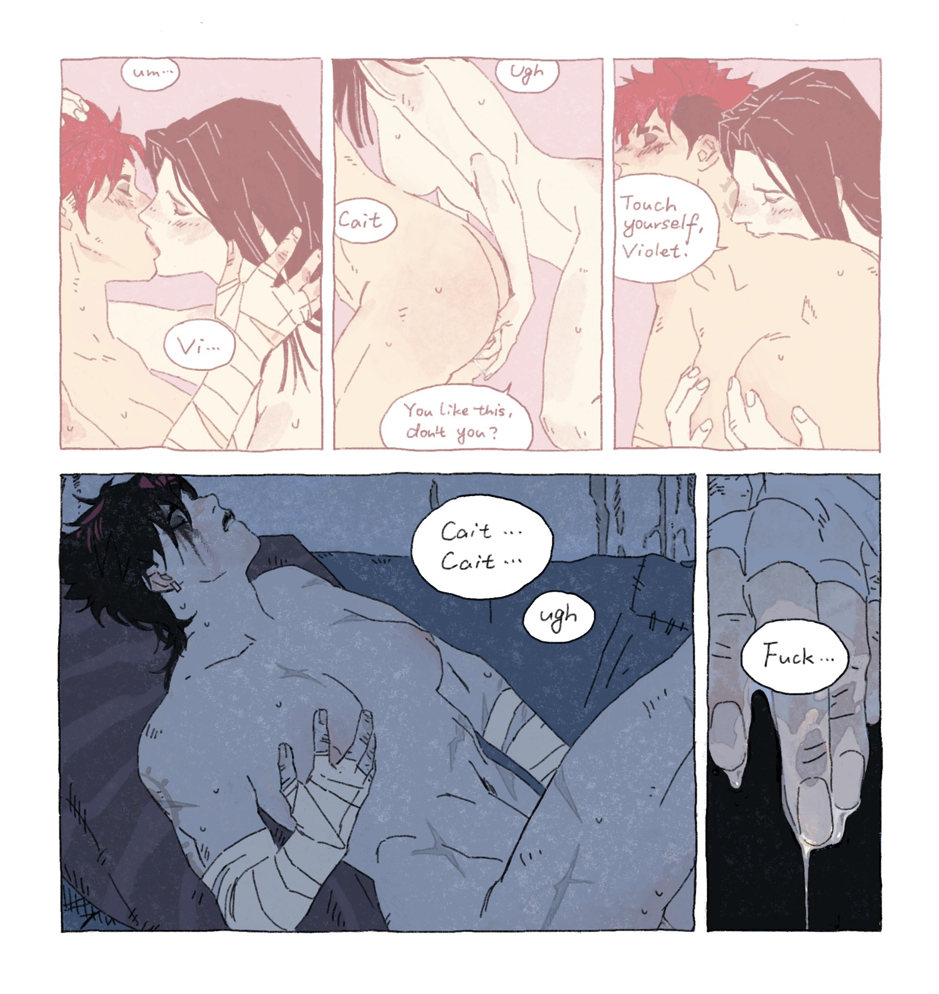 2girls, arcane, arcane caitlyn, arcane vi, bandage, butch, caitlyn kiramman, canon couple, comic, english text, fantasizing, league of legends, lesbian couple, masturbation, muscular, muscular female, pussy, pussy juice, runhorserun, scar, solo, speech bubble, tomboy, vi, yuri