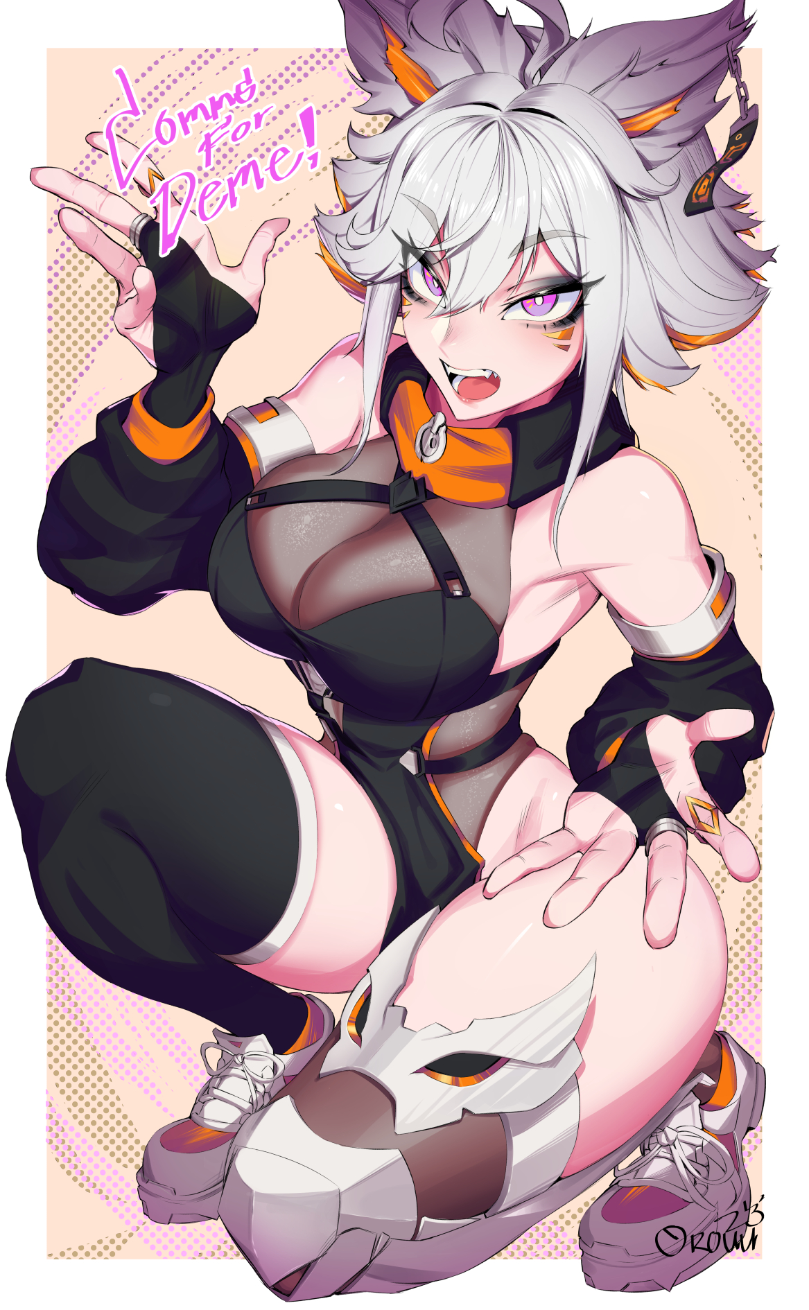 1girls, animal ears, armpits, artist name, ass, asymmetrical legwear, black bridal gauntlets, black dress, black sleeves, black thighhighs, boobs, breasts, bridal gauntlets, bright pupils, character name, cleavage, colored tips, commission, curvaceous, curvy, demenishki, detached sleeves, dress, earrings, facial mark, female, grey hair, hair between eyes, highres, hip focus, hips, hips wider than shoulders, hourglass figure, indie virtual youtuber, jewelry, large breasts, leotard, leotard under clothes, mechanical leg, mismatched legwear, multicolored hair, open mouth, orange hair, orouu, pelvic curtain, purple eyes, see-through, see-through cleavage, see-through clothes, see-through clothing, see-through leotard, shoes, single earring, slim waist, sneakers, solo, thick, thick ass, thick thighs, thighhighs, thighs, tits, virtual youtuber, vtuber, white pupils, white shoes, wide hips