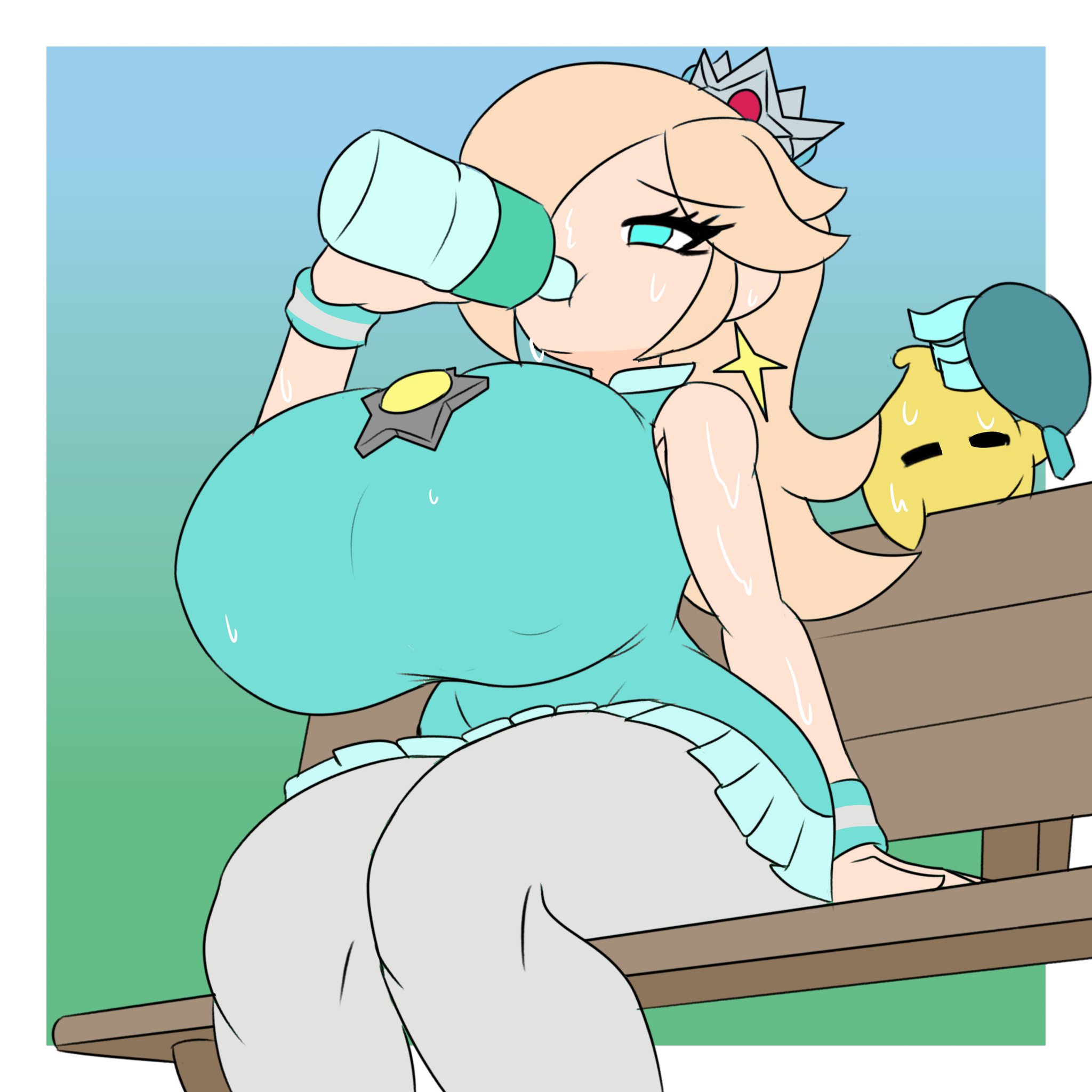 big breasts, drinking, huge breasts, hyper breasts, luma, mario (series), mario tennis, nintendo, princess rosalina, shadst3r, sweat, sweating, thick thighs
