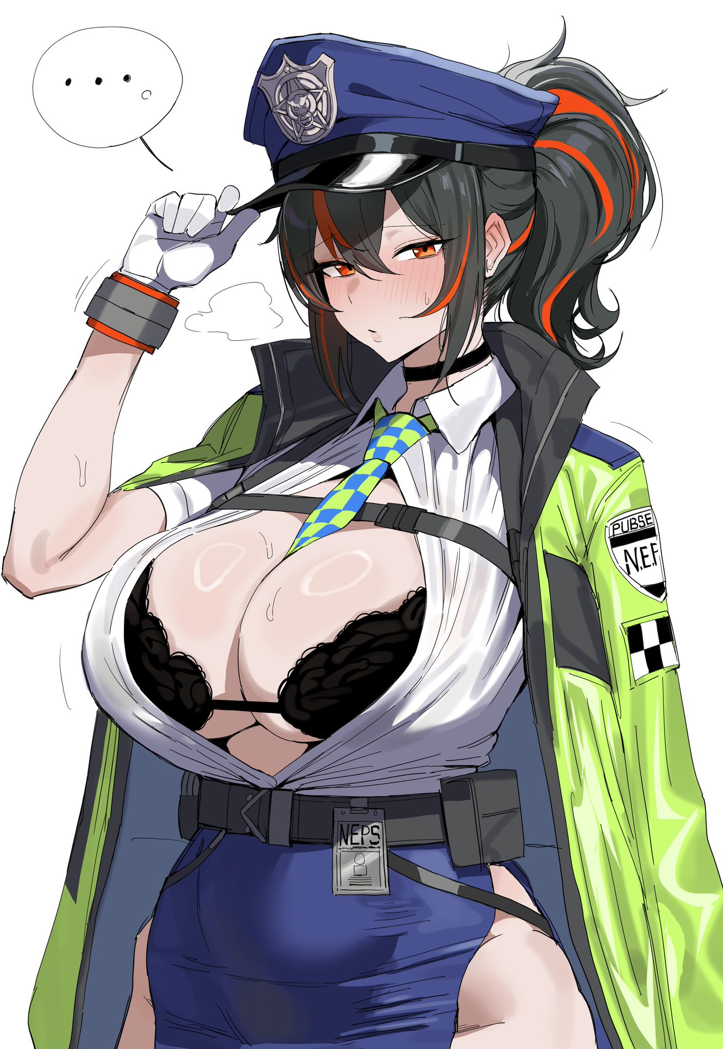 1girls, 2025, 2d, 2d (artwork), belly, big breasts, black bra, black hair, blush, blush lines, blushing at viewer, bra, breasts, cleavage, color, colored, cosplay, d (killer wife) (nikke), d (killer wife) (nikke) (cosplay), d (killer wife) (secret police) (nikke), d (killer wife) (secret police) (nikke) (cosplay), d (nikke), female, female focus, female only, gloves, goddess of victory: nikke, hat, huge breasts, jacket, jacket on shoulders, lace, lace-trimmed bra, large breasts, lingerie under uniform, long hair, looking at viewer, multicolored hair, nihii (veri12121212), open clothes, open shirt, orange eyes, police, police hat, police uniform, policewoman, ponytail, red eyes, red hair, revealing clothes, solo, solo female, solo focus, standing, tie, tie between breasts, white gloves, zenless zone zero, zhu yuan