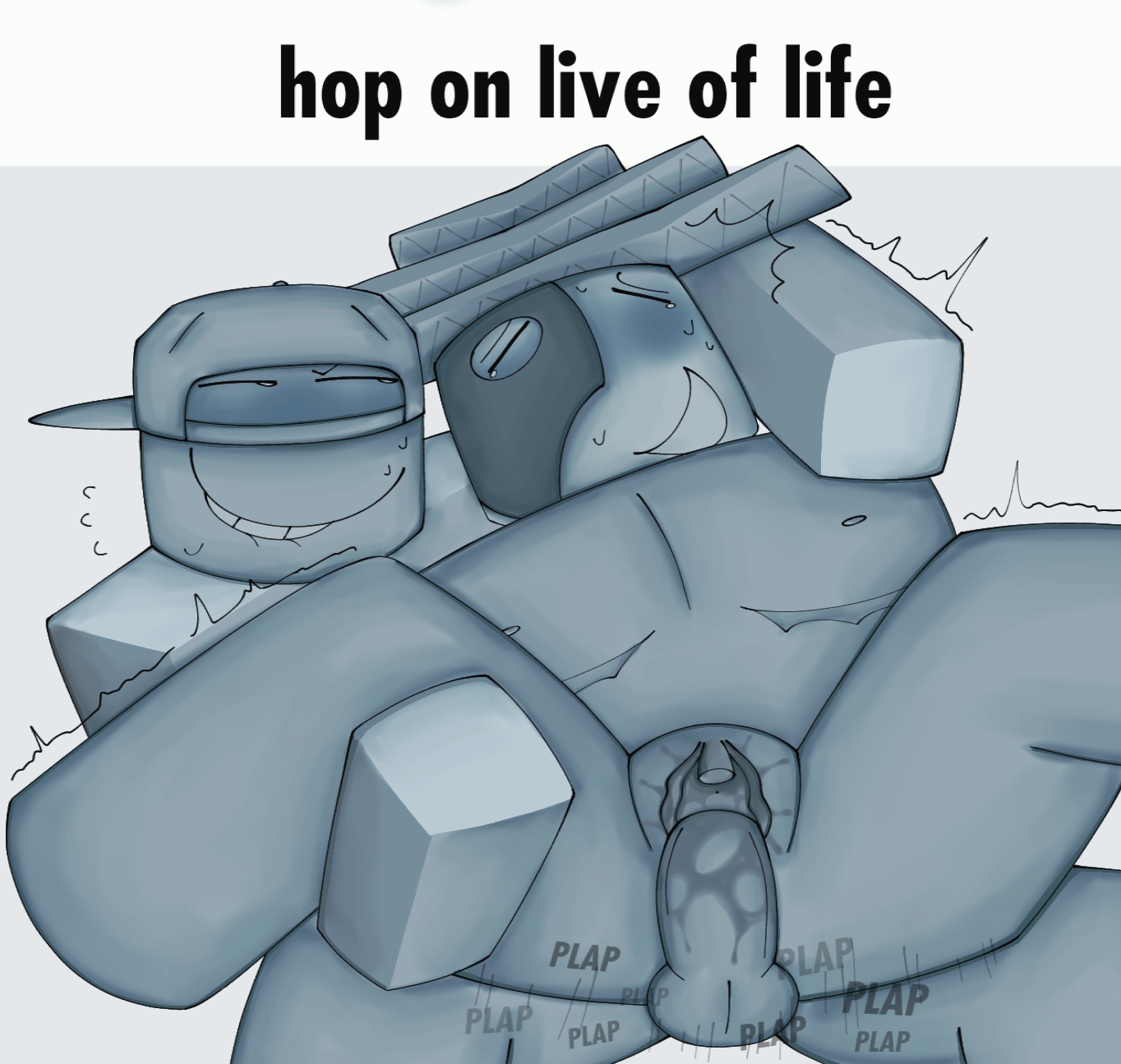 1boy, 1other, ambiguous gender, artful (die of death), artless (live of life), balls, blocky body, blush, consensual, criminal (live of life), die of death (roblox), english text, exposed nipples, first porn of character, head thrown back, live of life (roblox), meme, meme caption, monochrome, motion lines, nipples, onomatopoeia, penis, plap, pleasured male, pussy, roblox, roblox game, robloxian, self upload, shaking lines, shitpost, sweat, taunt (die of death), taunt (live of life), tauntxp, tears of pleasure, text, top surgery scars, transgender male, transmasc, vaginal penetration