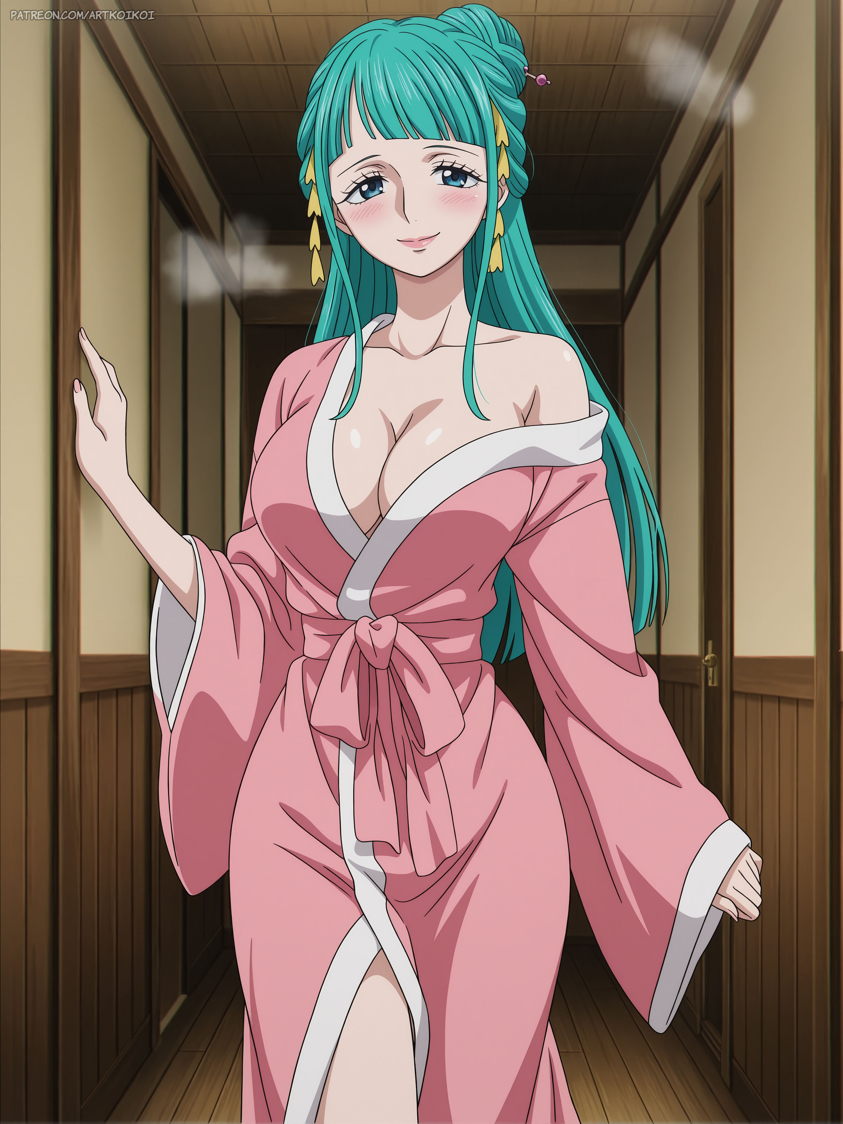 1girl, ai generated, artkoikoi, big breasts, cleavage, curvaceous, curvy female, exposed shoulder, female, female only, green eyes, green hair, green-haired female, hair accessories, hairbun, hand on wall, kozuki hiyori, long green hair, long hair, mostly clothed, nailpolish, one piece, pink nail polish, pink robe
