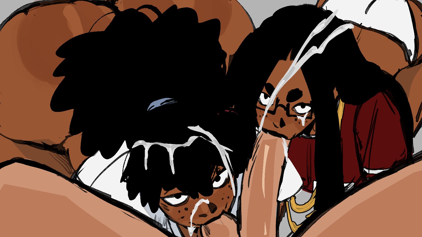 2girls, big ass, collaborative fellatio, cum, cum on face, cum on hair, dark skin, dark-skinned female, fat ass, female, penis, sucking balls, tentecreul