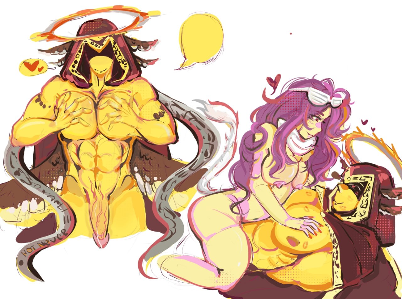 1boy, 1boy1girl, 1girls, areolae, breasts, brighteyes, brighteyes (forsaken), cat tail, clothing, female, forsaken (roblox), hair, heart, heart eyes, heart symbol, kiss mark, long hair, male, male/female, nipples, notnever, nude, penis, pink eyes, purple hair, roblox, roblox admins, roblox game, robloxian, self upload, speech bubble, straight, sunglasses, tagme, tail, telamon, thighs, veiny penis, white background, wings, yellow body