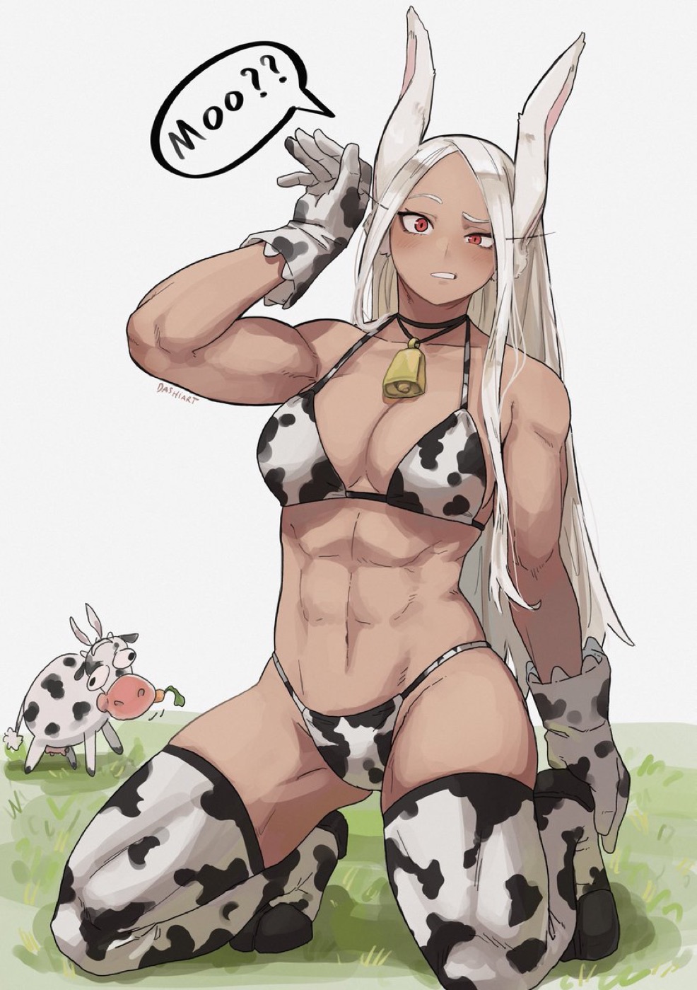 1girls, abs, bikini, bunny ears, bunny girl, cow print, cow print bikini, cow print gloves, cow print thighhighs, cowbell, dark skin, dark-skinned female, dashi art, gloves, miruko, muscular, muscular female, my hero academia, red eyes, rumi usagiyama, thighhighs, white hair