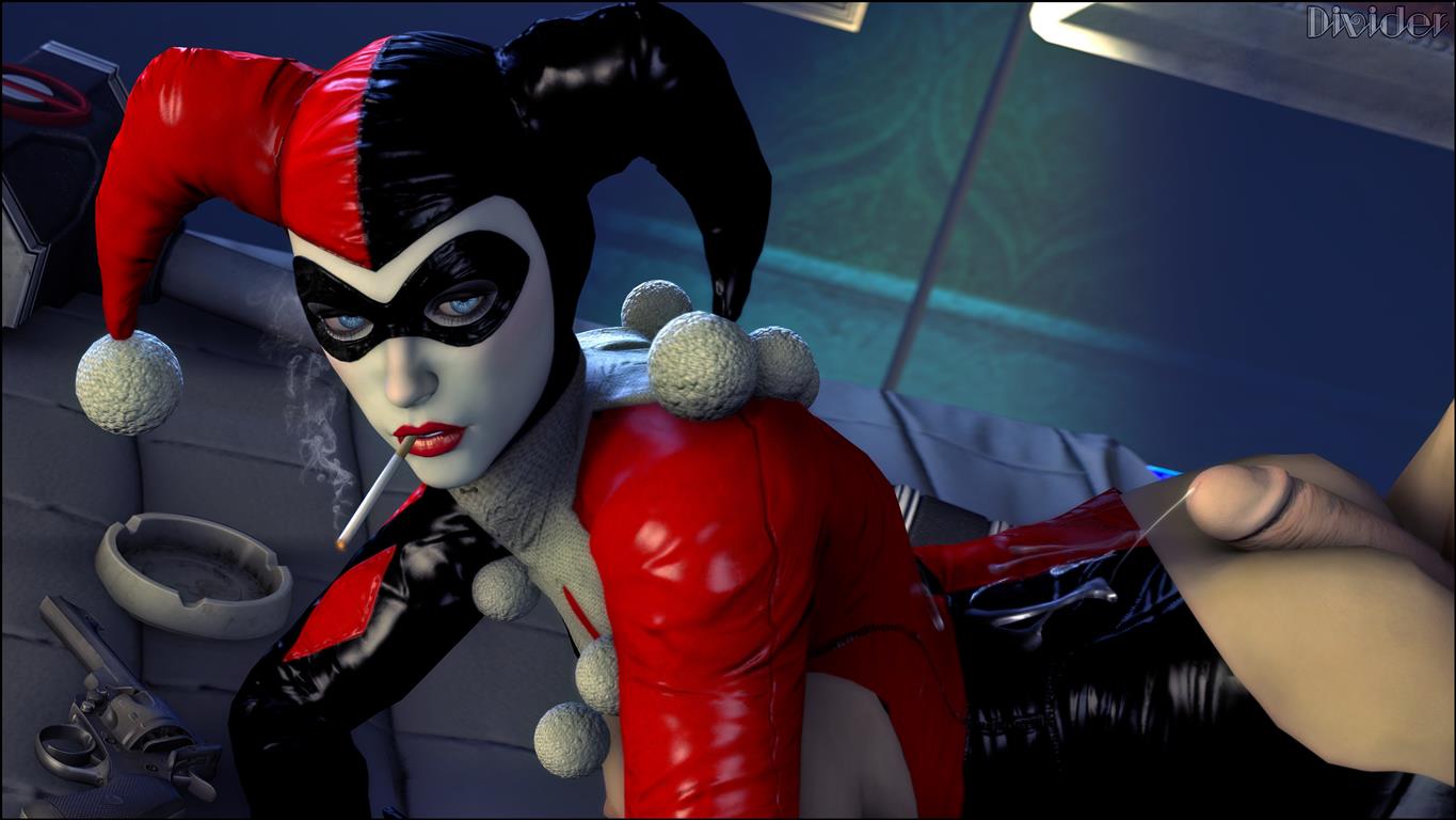 3d, ass, batman (series), batman: arkham knight, cigarette, costume, cum, dc, dc comics, dividersfm, female, firearm, gun, handgun, harley quinn, harley quinn (arkham knight), harley quinn (arkham), harley quinn (classic), male, penis, revolver, source filmmaker, weapon