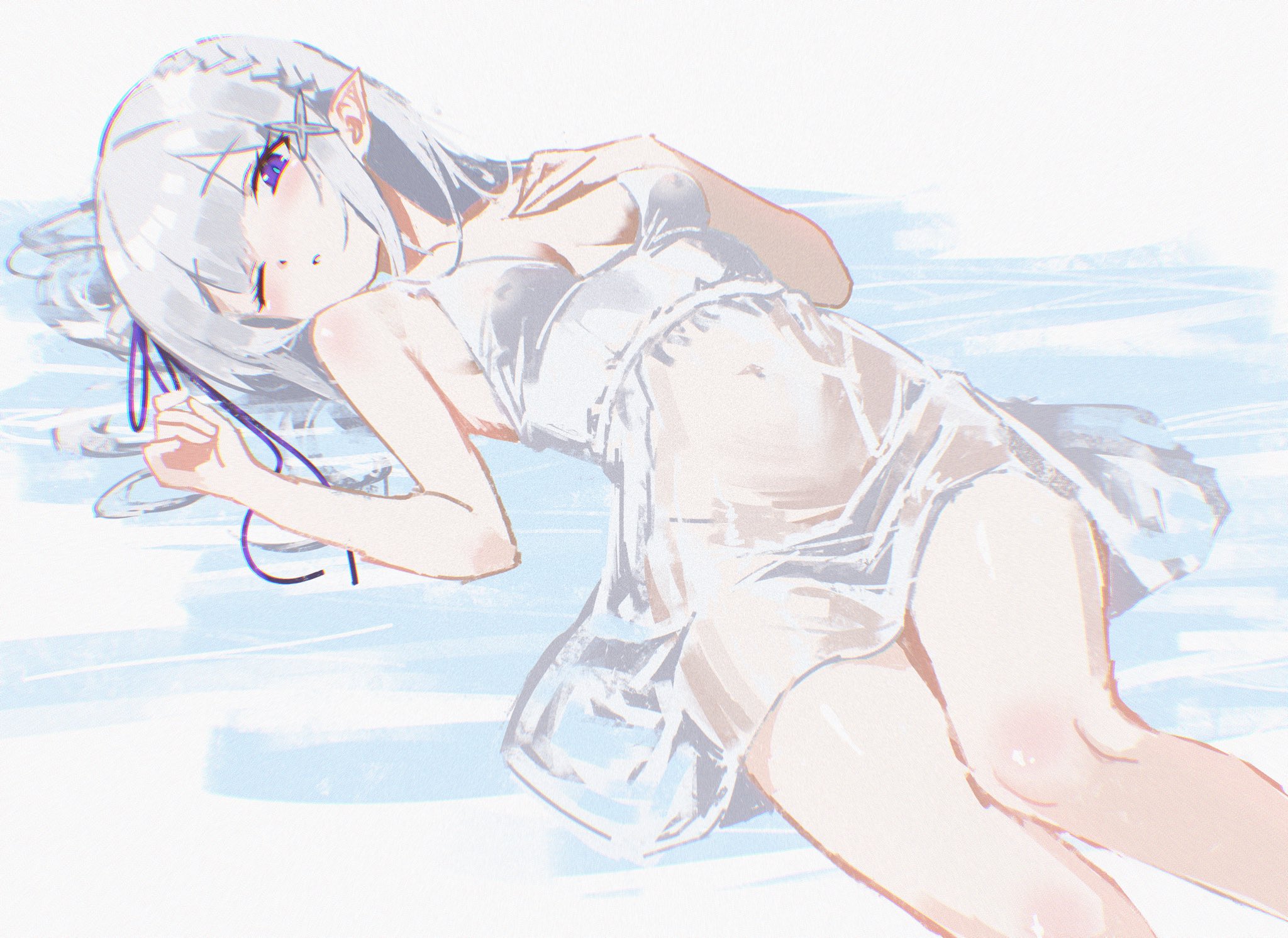 1girls, belly, danraz0r, elf, elf ears, elf female, emilia (re:zero), looking at viewer, lying on back, purple eyes, re:zero kara hajimeru isekai seikatsu, sideboob, silver hair, solo, thighs, translucent clothing