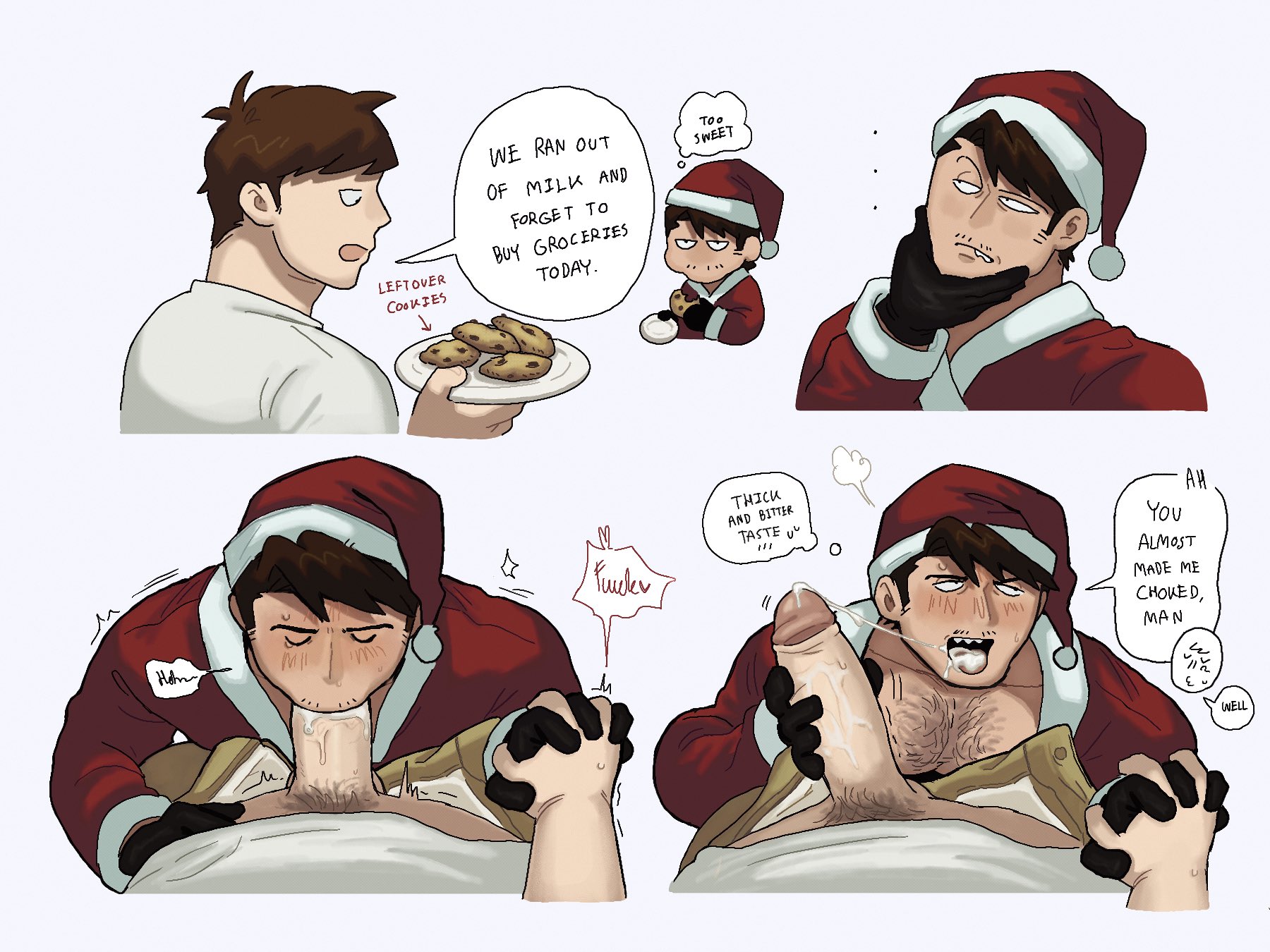 blowjob, blush, christmas, cum, cum in mouth, edd (eddsworld), eddsworld, eduardo (eddsworld), gay, gay sex, hairy chest, handholding, heaumeauerotic, holding hands, santa costume, santa hat, sharp teeth, sucking penis, sweat, yaoi