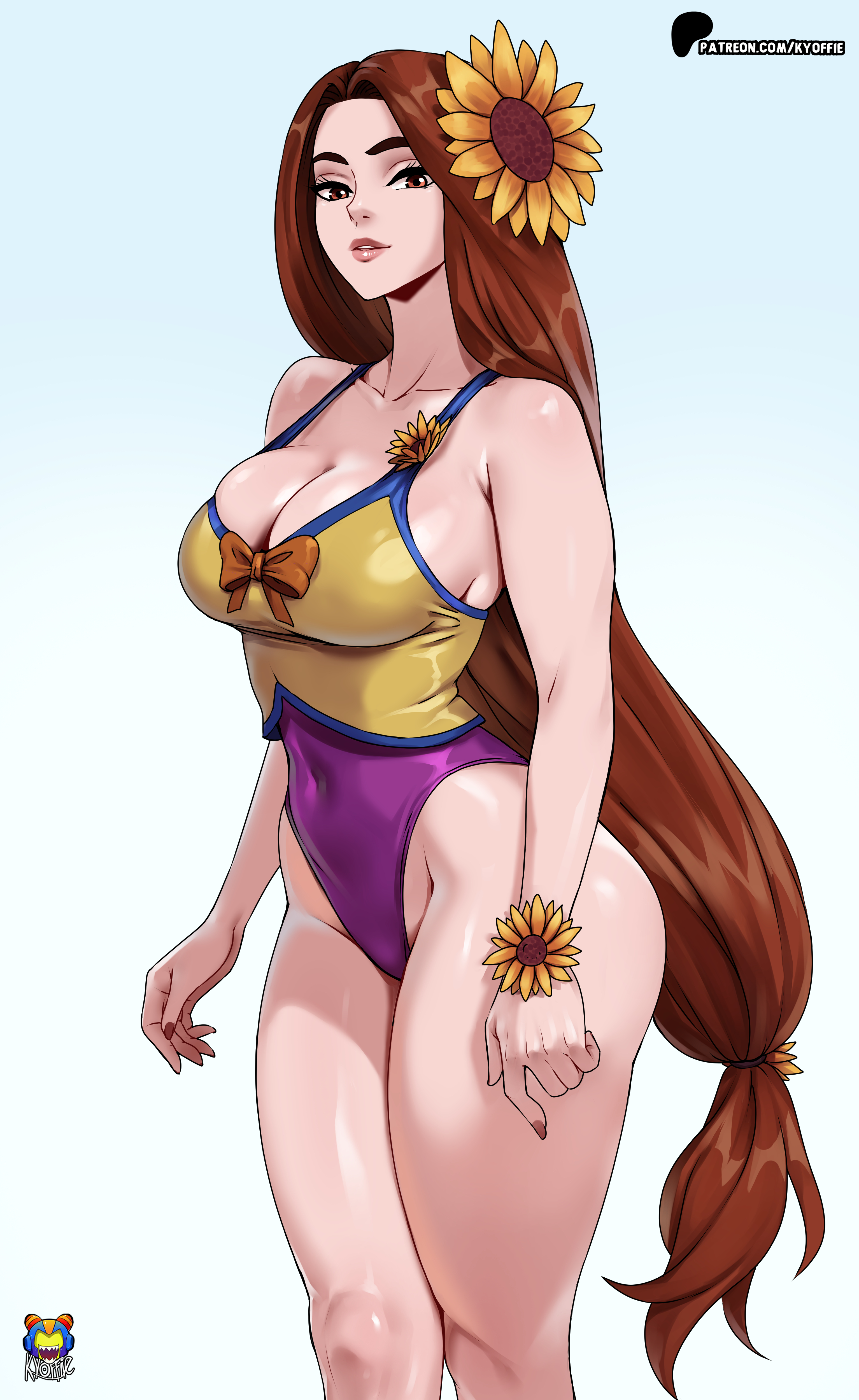1girls, 2025, aspect host, big breasts, brown eyes, brown hair, female, female only, kyoffie, league of legends, leona (league of legends), long hair, looking at viewer, pale skin, pale-skinned female, pool party leona, pool party series, riot games, tagme, thick thighs, watermark