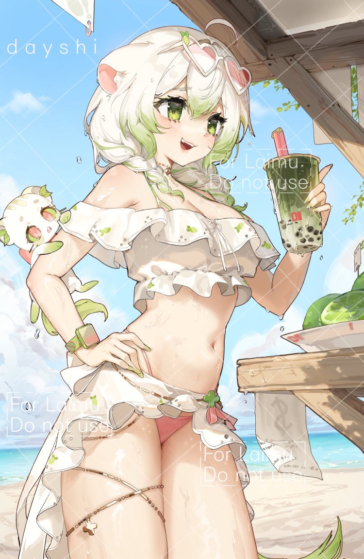ahoge, animal ears, bare shoulders, beach, belly, bikini, braid, breasts, bubble tea, cleavage, crop top, dayshiart, english commentary, fan mascot (vtuber), female, ferret, ferret ears, ferret girl, ferret tail, gold thighlet, gradient hair, gradient tail, green eyes, green hair, green tail, hair between eyes, heart, heart-shaped pupils, high-waist bikini, indie virtual youtuber, jewelry, laimu, laimu (summer), limon (laimu), medium breasts, midriff, miniskirt, multicolored hair, multicolored tail, navel, ocean, official alternate costume, official art, sand, skindentation, skirt, sunglasses, sweat, swimsuit, symbol-shaped pupils, tail, thick thighs, thighlet, thighs, tits, tummy, twin braids, two-tone hair, two-tone tail, virtual youtuber, watch, water, wet, wet body, white hair, white tail, wristwatch
