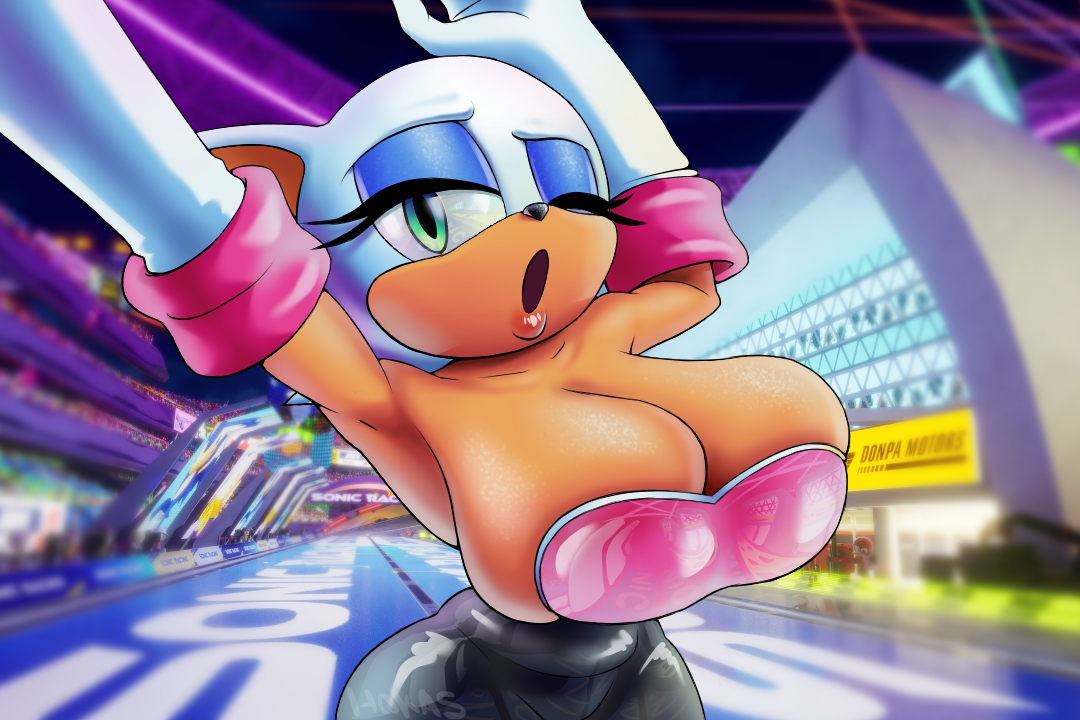 armpit, arms up, barely contained breasts, big breasts, breast press, breasts spilling out, brown skin, cleavage, glossy lips, green eyes, hokas, huge breasts, latex, open mouth, racing track, rouge the bat, sega, shiny breasts, shiny skin, sonic (series), sonic racing crossworlds, sonic the hedgehog (series), suggestive look, wide hips, wink, withe fur