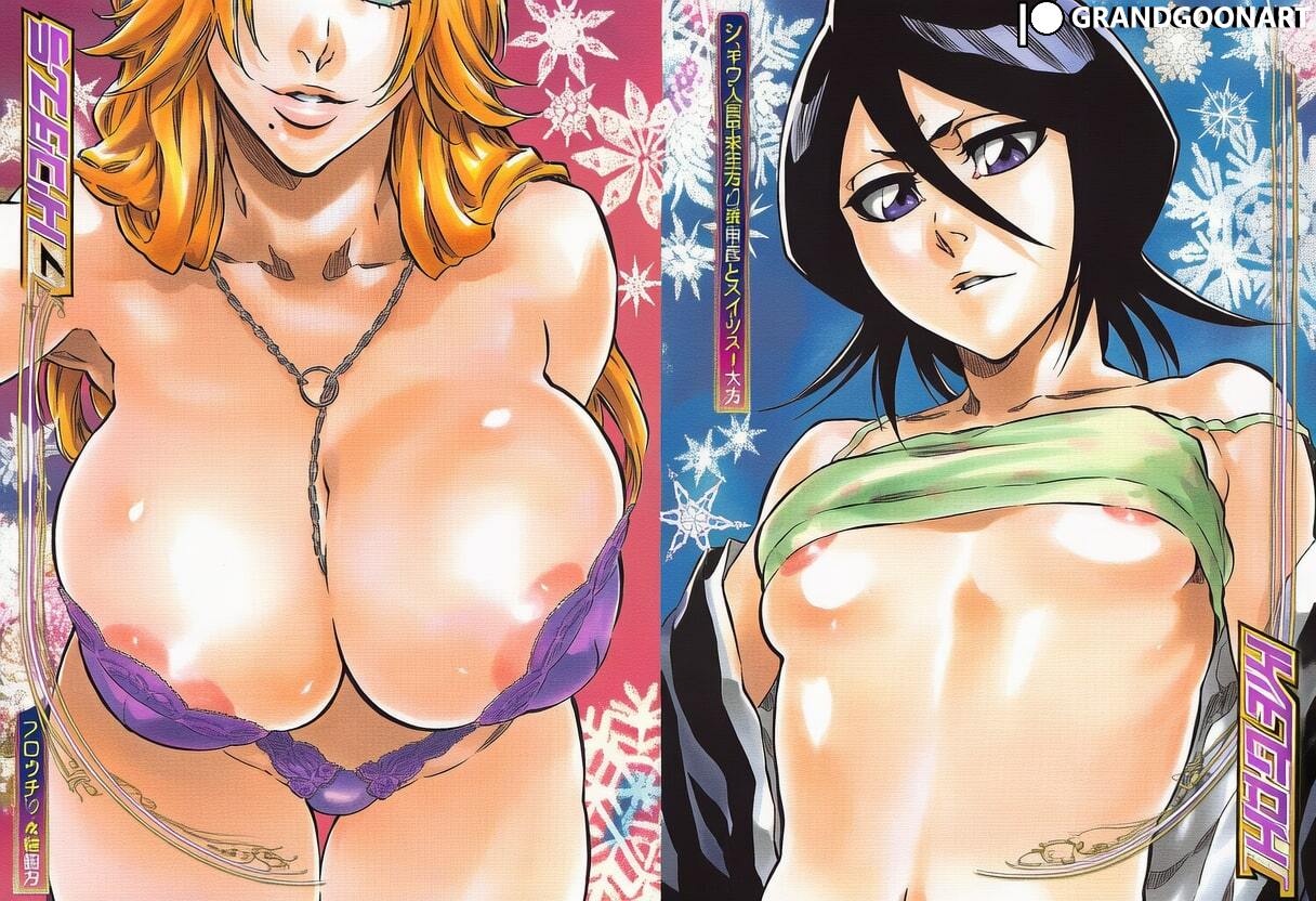 2girls, accurate art style, ai generated, areola, areola slip, areolae, big breasts, bleach, breast focus, breasts, christmas, duo, female, female focus, female only, flat chest, grandgoonart, huge breasts, kuchiki rukia, light-skinned female, manga, manga cover, manga page, manga style, matsumoto rangiku, multiple girls, panties, patreon, patreon username, shonen jump, size difference, sweater, underwear