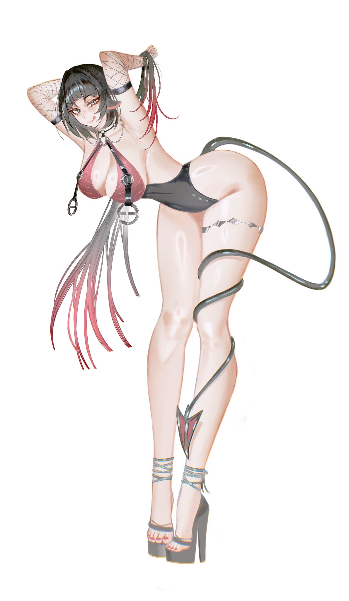 1girls, 2025, animal ears, ass, bare shoulders, belt, big ass, black hair, black leotard, blunt bangs, bodysuit, breasts, choker, cleavage, clothing cutout, collar, cowboy shot, cross halter, curvy, detached sleeves, digital media (artwork), eyelashes, eyeliner, female, female only, fishnet sleeves, fishnets, flowing hair, green eyes, halter neck, hands behind head, hanging breasts, harness, high heels, high-leg leotard, highres, hourglass figure, hoyoverse, inviting, jane doe (nocturne of light) (zenless zone zero), jane doe (zenless zone zero), large breasts, layered clothing, legs, leotard, licking, licking lips, light skin, loincloth, long hair, long legs, long tail, looking at viewer, makeup, metal collar, metal ring, midriff, nail polish, narrow waist, navel, navel cutout, o-ring, official alternate costume, painted nails, painted toenails, pale skin, pink toenails, portrait, pose, posing, prehensile tail, rat cut, rat ears, rat girl, rat tail, s7nsles, sideboob, silver hardware, simple background, skirt, smile, smirk, solo, standing, straps, studs, tail, tail wrapped around, tail wrapped around body, thick thighs, underboob, voluptuous, weapon, white background, wide hips, winking at viewer, wrist cuff, wristbands, zenless zone zero