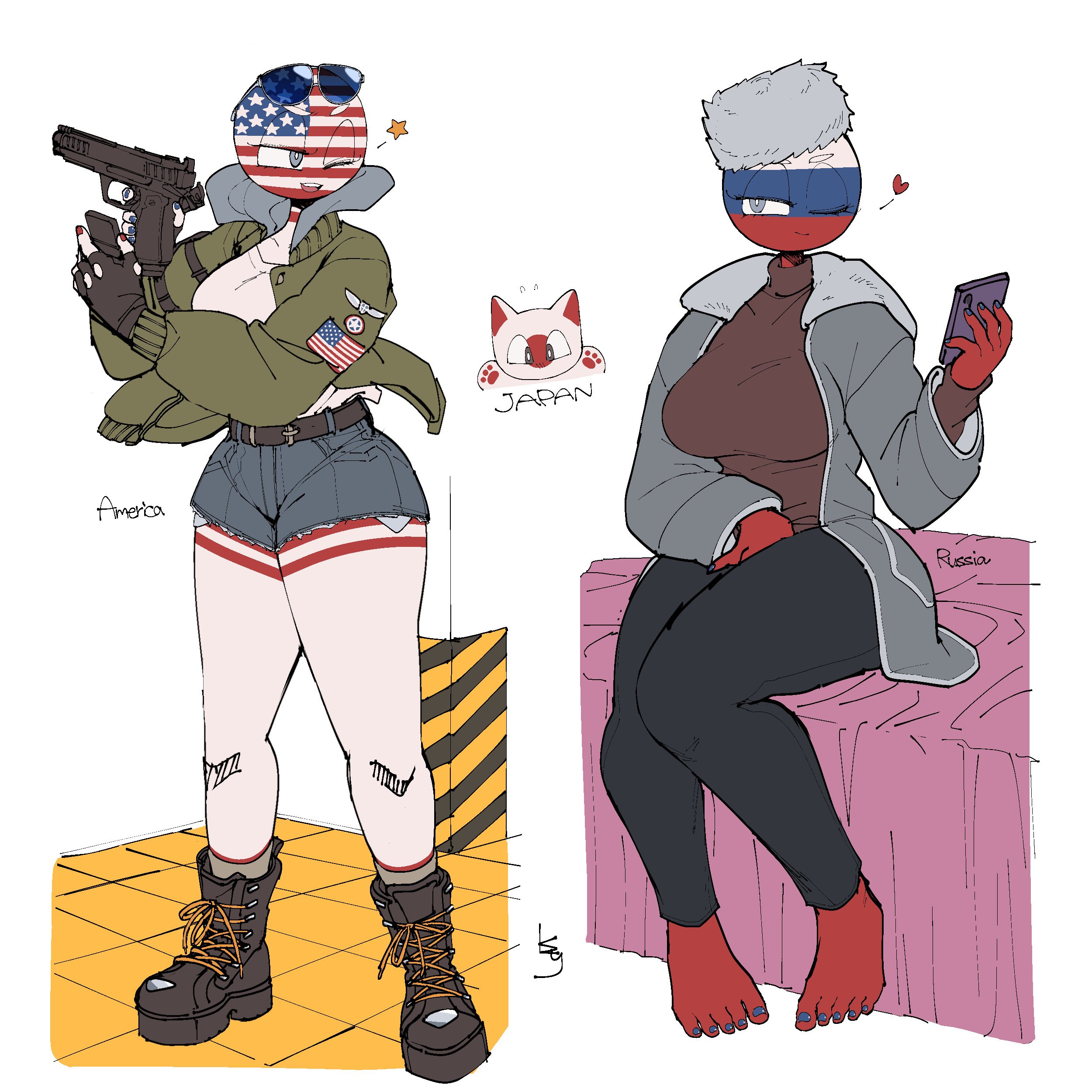 2girls, big ass, big breasts, booty shorts, countryhumans, countryhumans girl, feet, gun, kuzuyu (artist), russia (countryhumans), tights, united states of america (countryhumans), wink