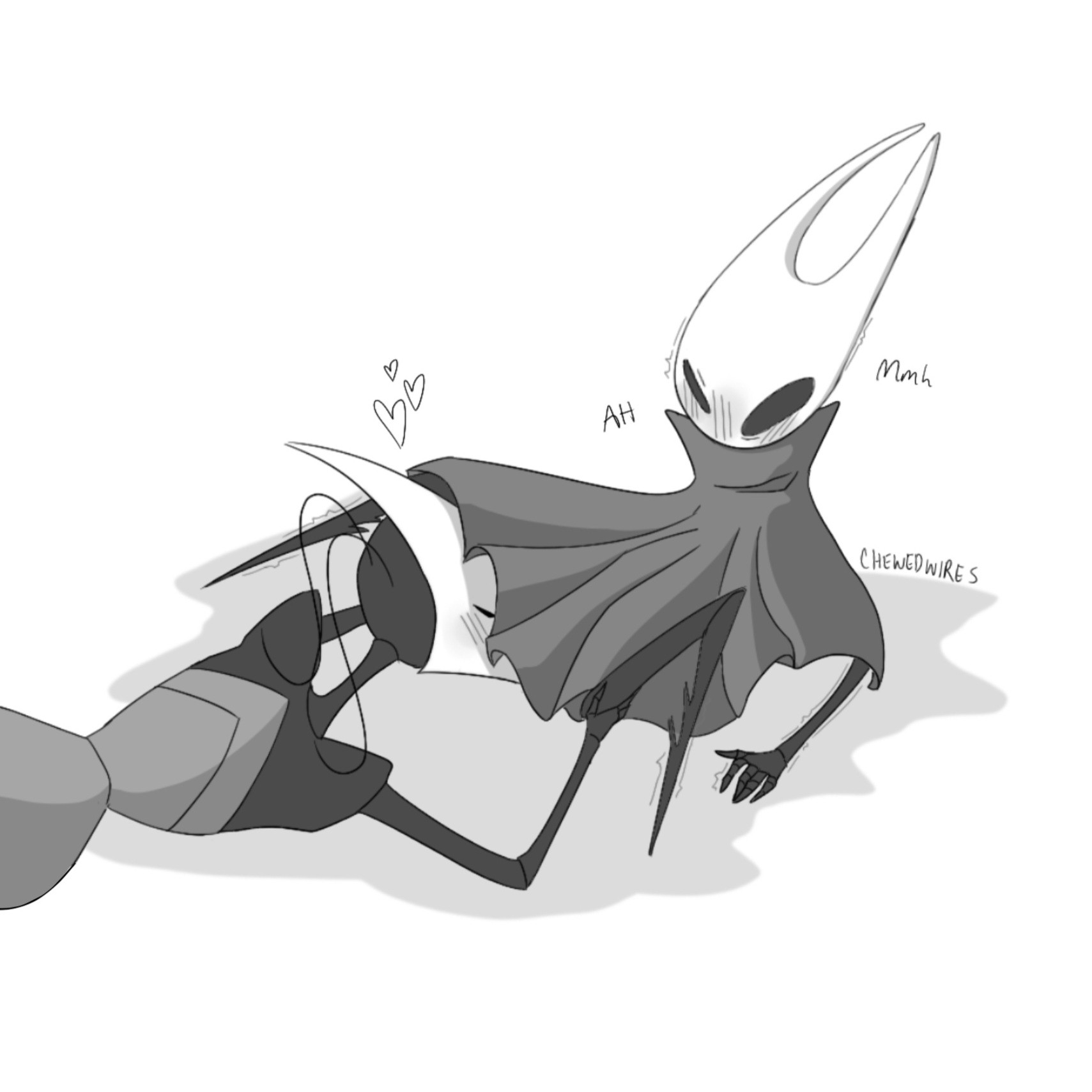 blushing, chewedwires, cunnilingus, hearts, hollow knight, hornet (hollow knight), implied cunnilingus, moaning, shakra (hollow knight), silksong, yuri