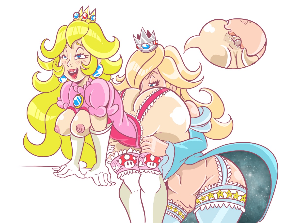 2girls, all fours, anilingus, anus, ass, ass focus, big ass, big breasts, big butt, blue legwear, breasts, butt focus, eating ass, elbow gloves, female, female only, gloves, licking anus, mario (series), multiple females, multiple girls, nintendo, nipples, princess peach, princess rosalina, pussy, rimjob, rimming, simple background, standing, super mario galaxy, twindrills, white background, white legwear, yuri
