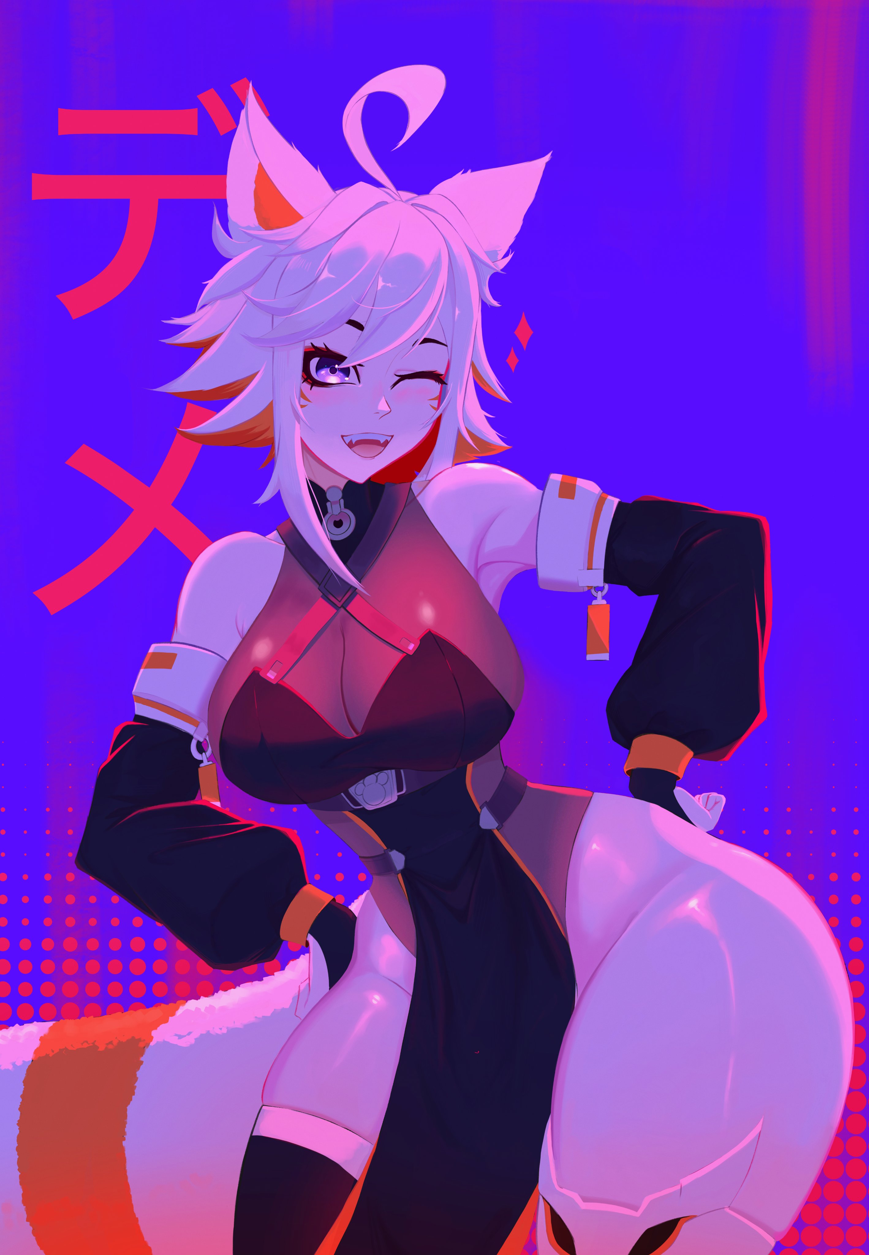 absurdres, ahoge, akireimiki, armpits, ass, bare hips, big breasts, birthing hips, black bridal gauntlets, black loincloth, black sleeves, breasts, breedable hips, bridal gauntlets, cleavage, demenishki, facial mark, fangs, fat ass, fat thighs, female, hand on own hip, highres, hip focus, hips, hourglass figure, indie virtual youtuber, large breasts, loincloth, mechanical legs, narrow waist, one eye closed, open mouth, orange hair, purple eyes, red panda ears, red panda girl, red panda tail, romaji text, see-through cleavage, see-through clothes, slim waist, smile, thick, thick ass, thick thighs, thighhighs, thighs, virtual youtuber, white hair, wide hips, winking at viewer