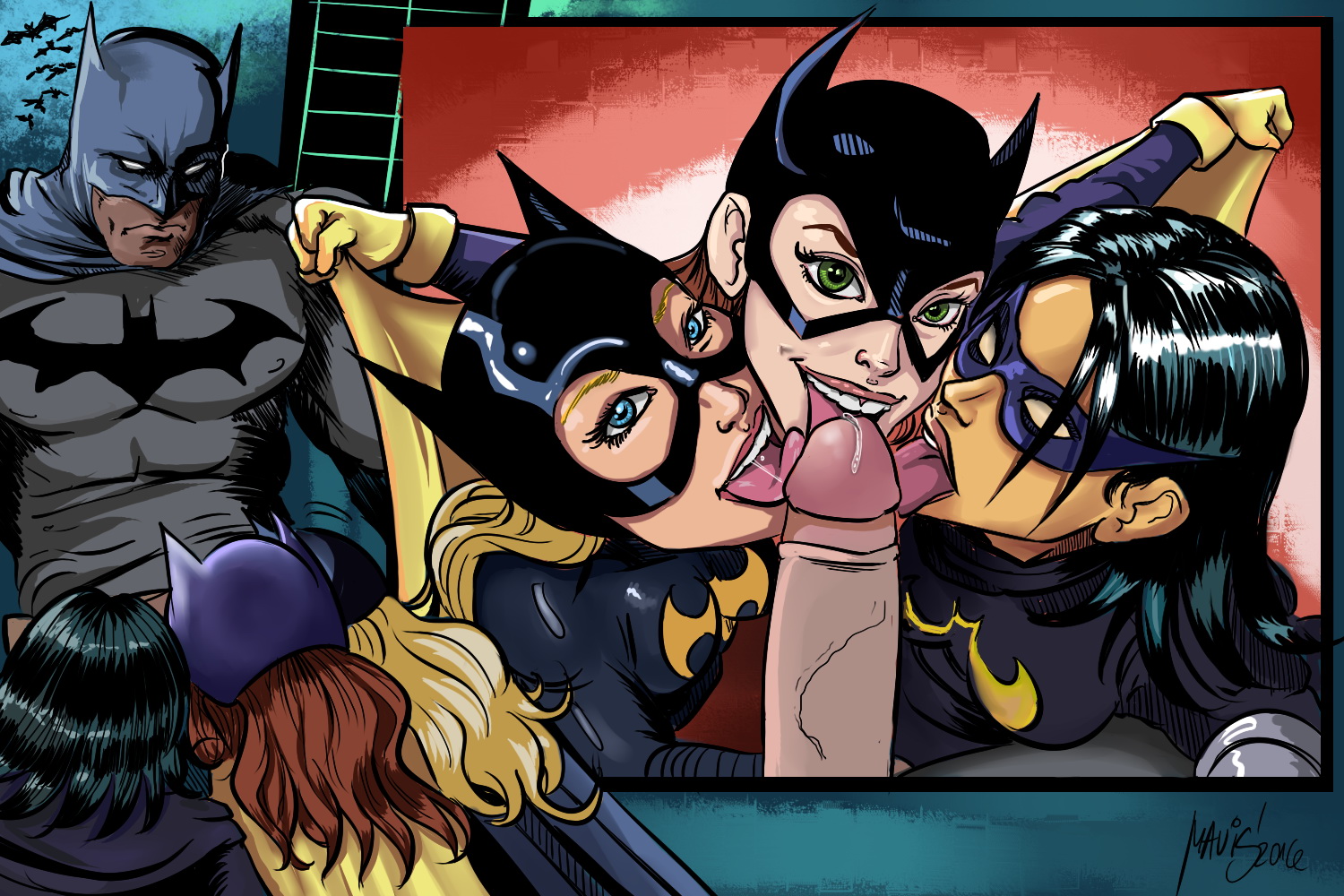 1boy, 3girls, auburn hair, barbara gordon, batgirl, batgirl (cassandra cain), batgirl (stephanie brown), batman, batman (bruce wayne), batman (series), big penis, black bat, black hair, blonde hair, blue eyes, bruce wayne, cape, cassandra cain, collaborative fellatio, color, colored, dark hair, dc, dc comics, domino mask, fellatio, female, green eyes, happy female, happy sex, hero and sidekick, human, humanoid, large penis, licking penis, long hair, male, mask, mavruda, multiple fellatio, multiple females, multiple girls, oral, oral sex, penis, round ears, sex, sidekicks, smiling, stephanie brown, straight, superhero costume, teamwork, teeth, tip of penis, tongue, tongue out, uncensored, vein, veins, veiny, veiny penis