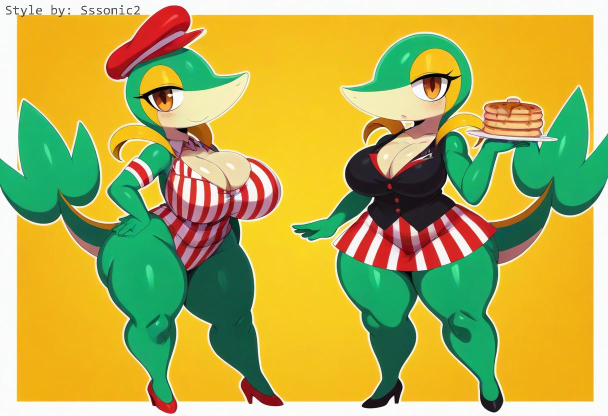 ai_generated anthro big_breasts blush breasts cleavage clothed clothing curvy_figure duo female food footwear generation_5_pokemon green_body hat headgear headwear hellsonger hi_res high_heels huge_breasts leotard looking_at_viewer nintendo non-mammal_breasts orange_eyes pokemon pokemon_(species) reptile scalie shoes smile snivy thick_thighs voluptuous wide_hips