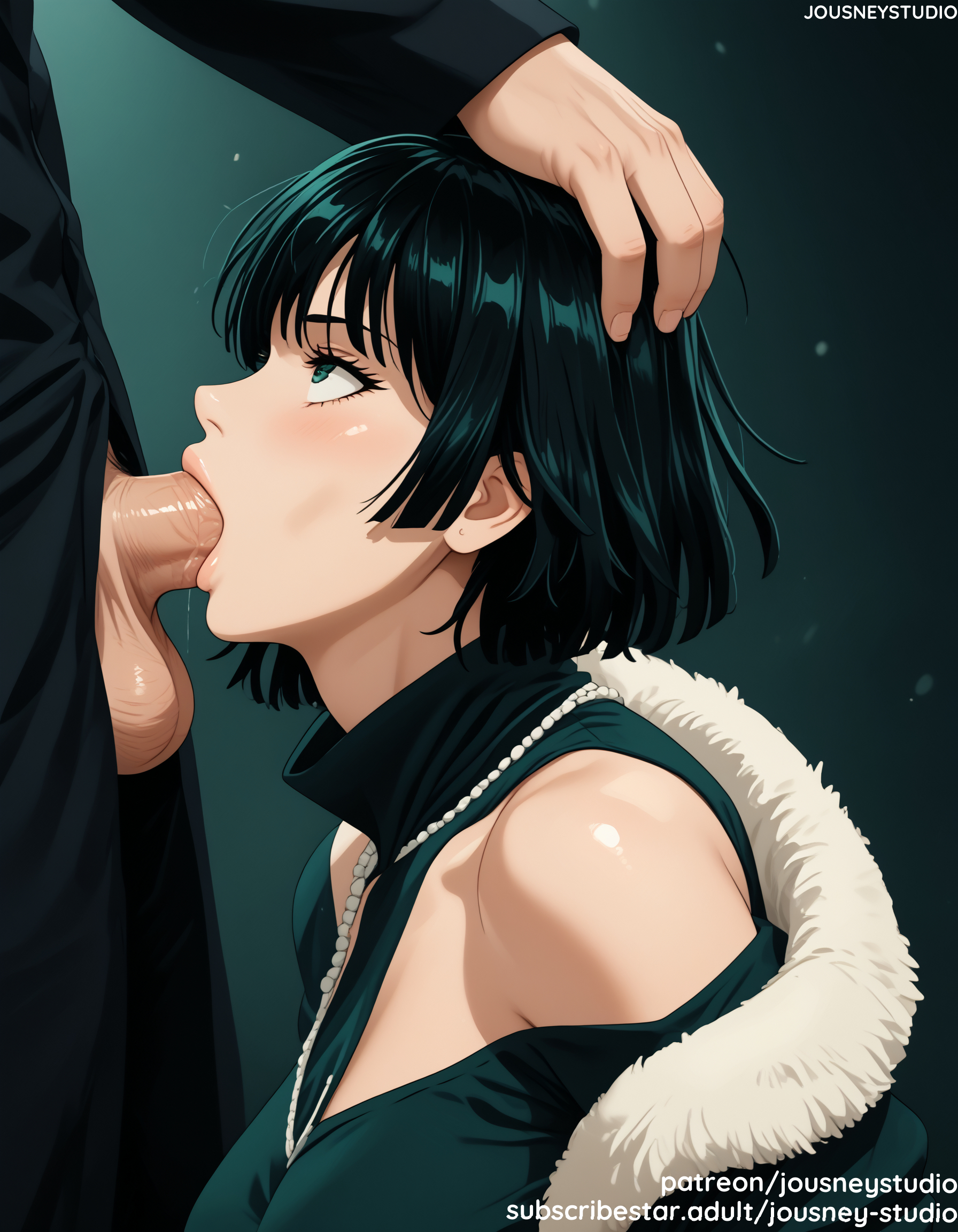 1boy, ai generated, artist name, balls, bangs, bare shoulders, black hair, blush, breasts, clothing, dress, erection, fellatio, female, fubuki (one-punch man), green eyes, green hair, hand on another's head, jacket, jewelry, jousneystudio, large breasts, lips, long sleeves, looking at viewer, male, necklace, off shoulder, one-punch man, oral, pearl necklace, penis, saliva, shirt, short hair, sleeveless, solo focus, straight, testicles, uncensored, veins