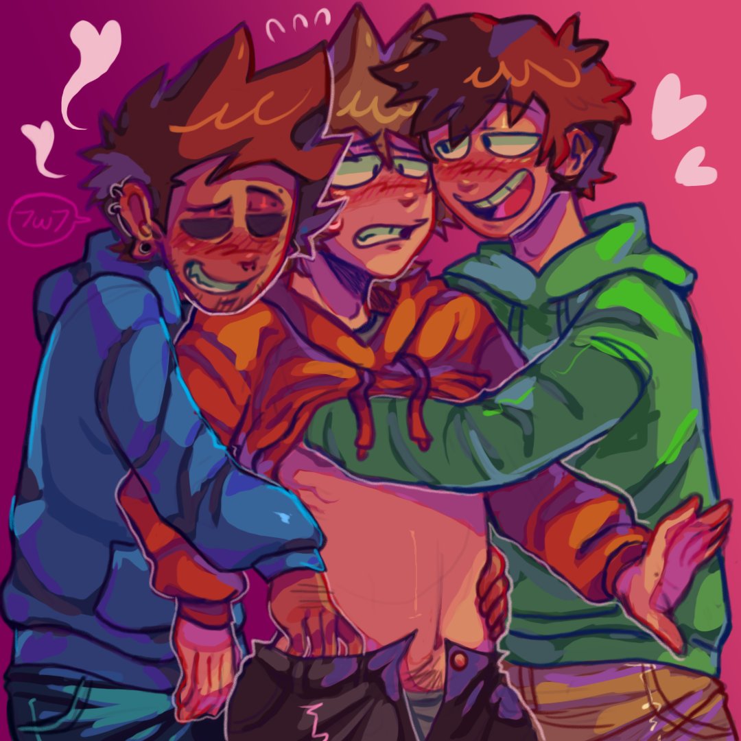 3boys 7w7 blush blushing blushing_male boxers clothed clothing edd_(eddsworld) eddsworld hearts hearts_around_head hoodie no_sex pants_open pants_unbuttoned pants_undone piercings pubic_hair pubic_hair_peek questionable reaching_into_pants suggestive threesome tom_(eddsworld) tord_(eddsworld) unbuttoned_pants