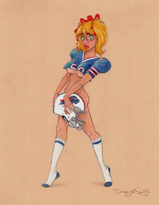 1female 1girls blonde_female blonde_hair breasts dean_yeagle female football football_(american) football_helmet football_uniform green_eyes lips mandy_(dean_yeagle) nfl red_lips red_ribbon ribbons sport sports_uniform stockings twintails