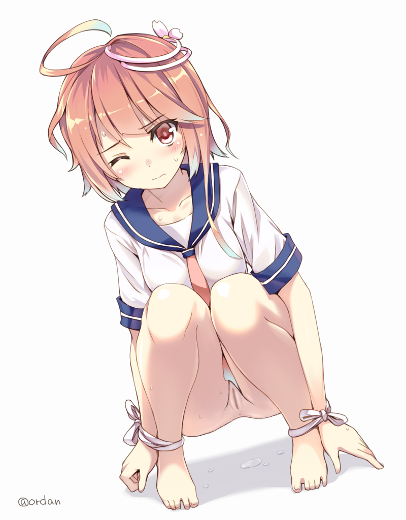 3; ahoge amagai_tarou anus ass barefoot bondage bottomless bound clitoris feet female hair hair_ornament hands_on_feet i-58_(kantai_collection) kantai_collection no_panties nude_filter one_eye_closed photoshop pink_hair pussy red_eyes school_uniform serafuku short_hair solo squatting submarine sweatdrop text tied_up toes translated twitter_username uncensored white_background