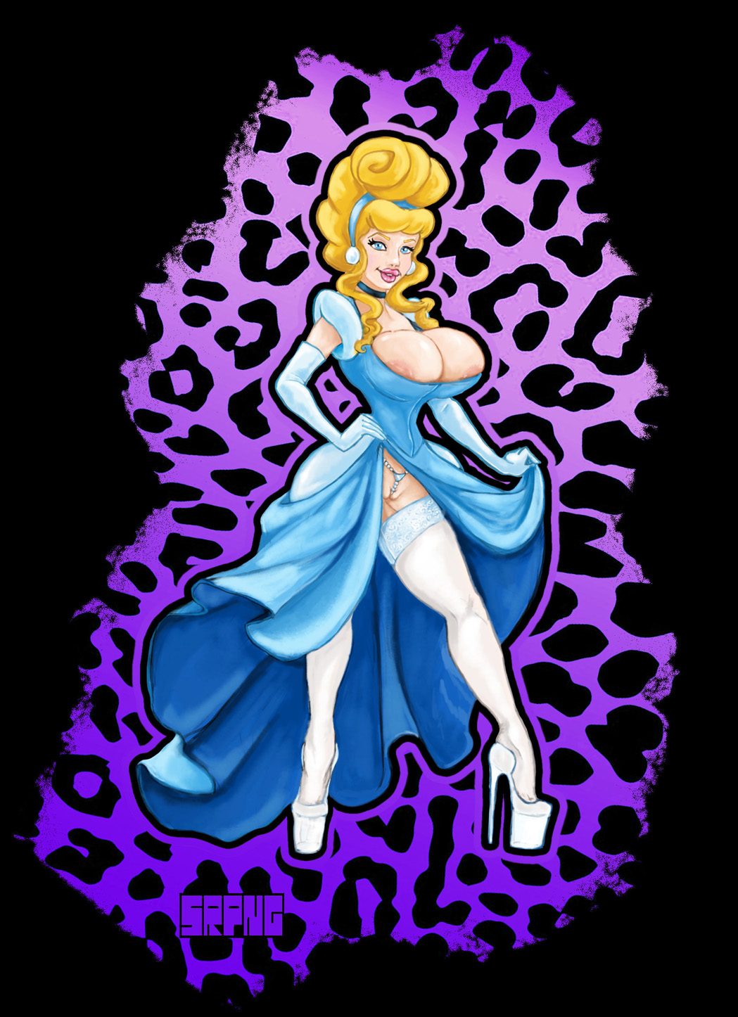 1girls areolae big_breasts big_lips bimbo blonde_hair blue_dress blue_eyes choker cinderella_(1950_film) cinderella_(disney) disney disney_princess dress exposed_areolae exposed_nipple exposed_pussy female female_only gloves hairband hand_on_hip high_heels huge_breasts labia lifting_dress long_gloves pearl_thong platform_heels shoulder_gloves solo srpng stockings thighhighs