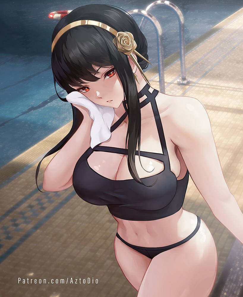 1girls azto_dio bikini black_bikini black_hair black_swimsuit breasts earrings flower_hairband hairband hairbun holding_towel innertube large_breasts looking_at_viewer midriff milf navel pool pool_ladder poolside red_eyes spy_x_family swimsuit towel yor_briar yor_forger