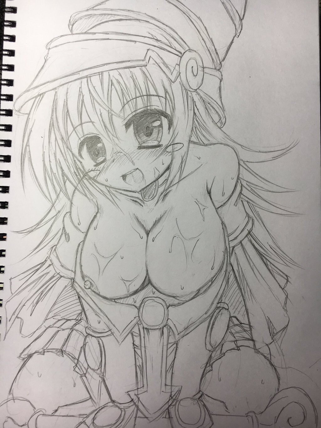 artist_request bare_legs breasts dark_magician_girl duel_monster female hat headgear legs looking_at_viewer magical_girl monochrome nipples picture_of_picture skirt smile sweat traditional_media yu-gi-oh! yuu-gi-ou_duel_monsters