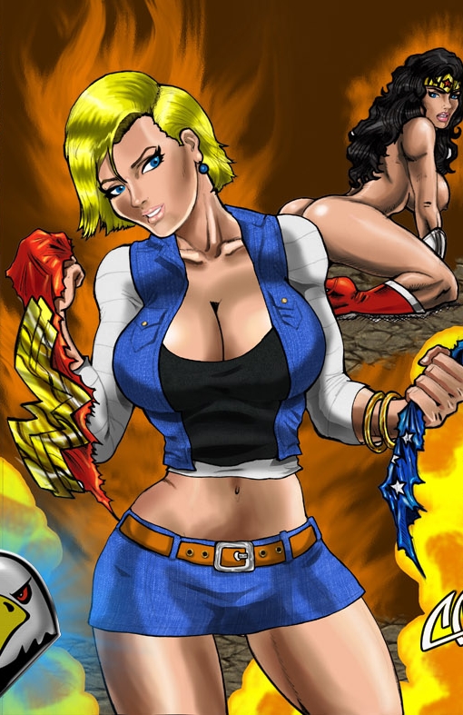 2girls android_18 catfight crossover dc dc_comics defeated diana_prince dragon_ball dragon_ball_super dragon_ball_z eastern_and_western_character humiliated justice_league no_18 ripped_clothing wonder_woman