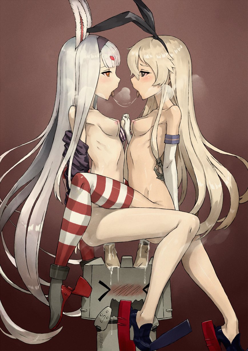 >_< 2girls after_kiss animal_ears arm_behind_back assisted_masturbation azur_lane belly-to-belly black_hairband black_jacket blush bow breasts brown_eyes brown_hair crossover elbow_gloves eye_contact face-to-face female female_only from_side gloves grey_hair hairband hairbow haraya_manawari highres holding_hands jacket kantai_collection looking_at_another multiple_girls nipples nude open_clothes open_jacket photoshop_(medium) rabbit_ears red_eyes rensouhou-chan shimakaze_(azur_lane) shimakaze_(kantai_collection) small_breasts striped_clothes striped_thighhighs thighhighs