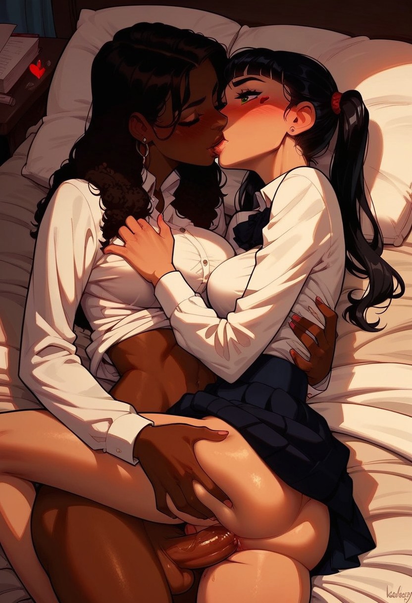 2futas 2girls ai_generated anal anal_sex black_hair charv dark_skin futa_on_futa futa_only futadom futanari grabbing_ass interracial_sex kissing on_bed school_uniform